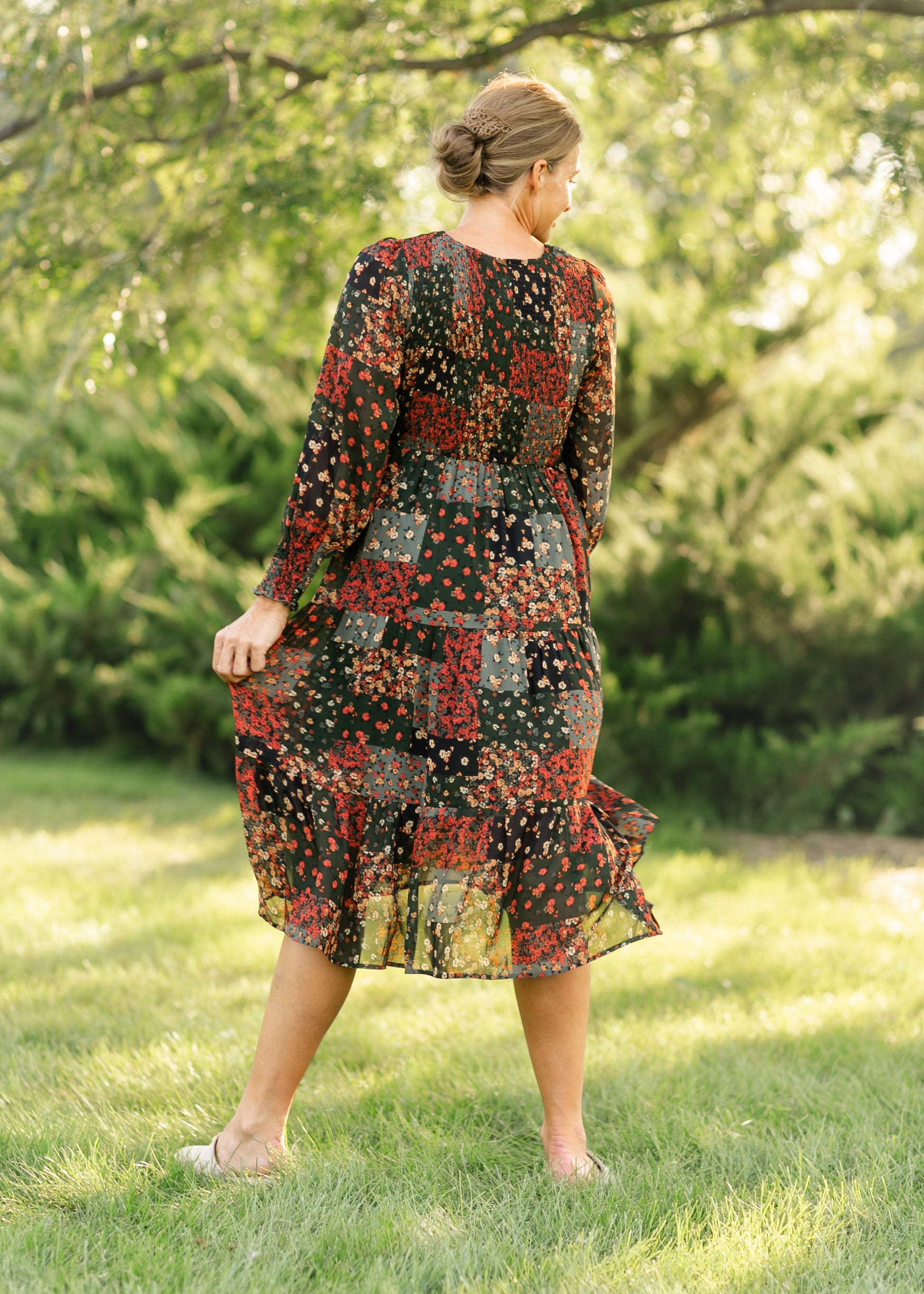 Patchwork Ditsy Floral Long Sleeve Midi Dress FF Dresses