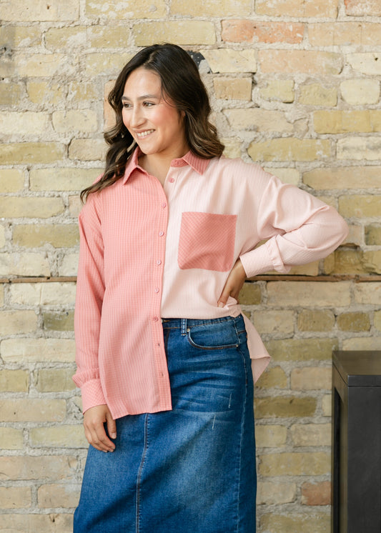 Pink Contrast Button Up Top FF Tops