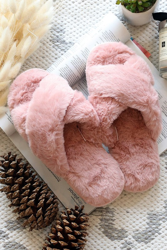 Pink Faux Fur Criss Cross Slide Slippers Inherit Co