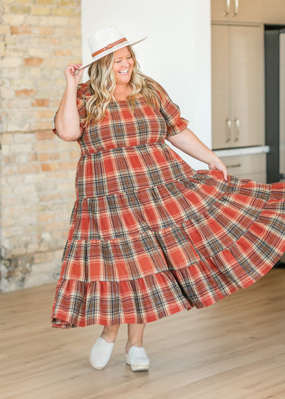 Plaid Tiered Short Sleeve Dress FF Dresses