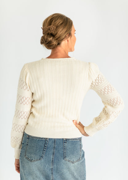 Pointelle Sleeve Ribbed Sweater FF Tops