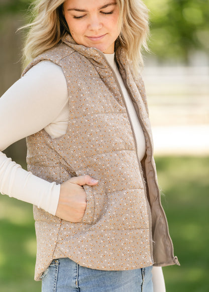 Polar Collar Floral Print Quilted Vest FF Tops