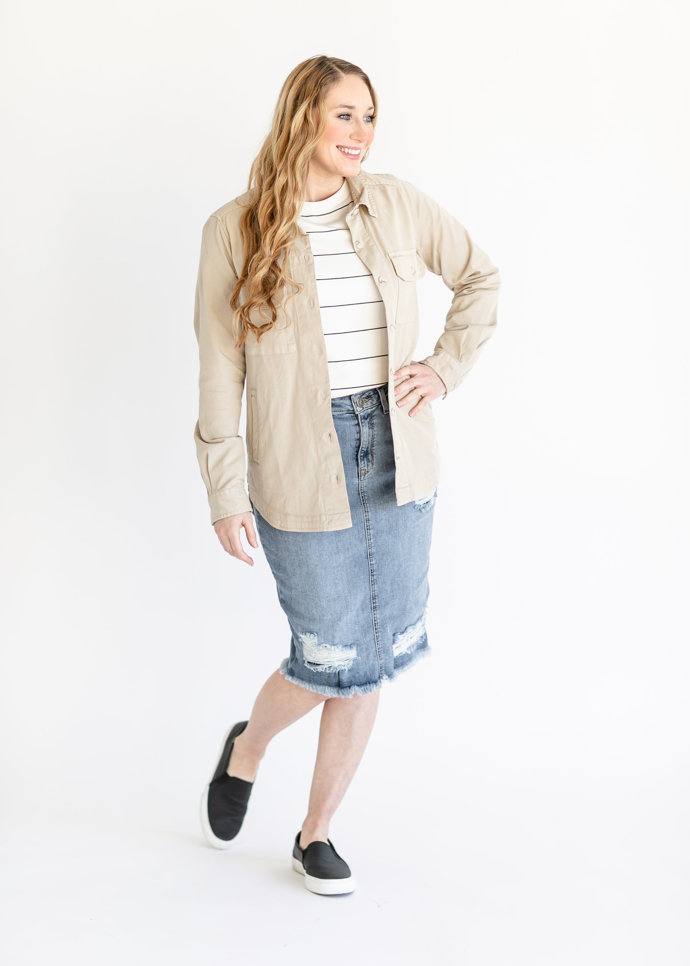 Khaki distressed cheap denim skirt