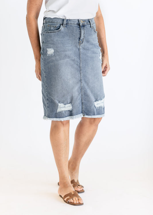 Presley Distressed Denim Midi Skirt IC Skirts