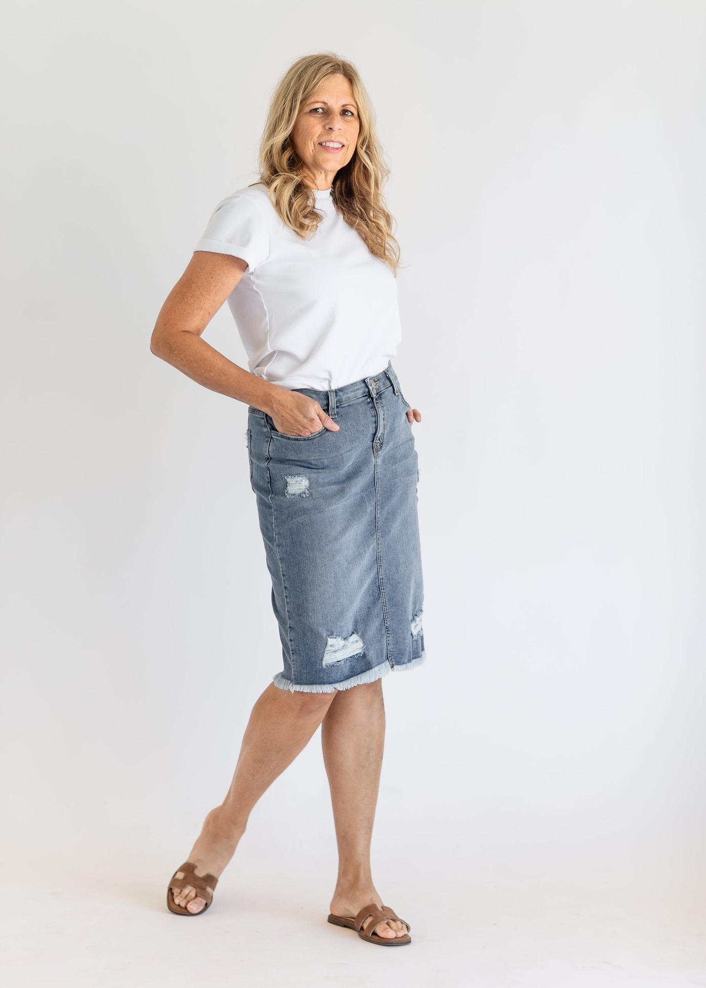 Presley Distressed Denim Midi Skirt IC Skirts