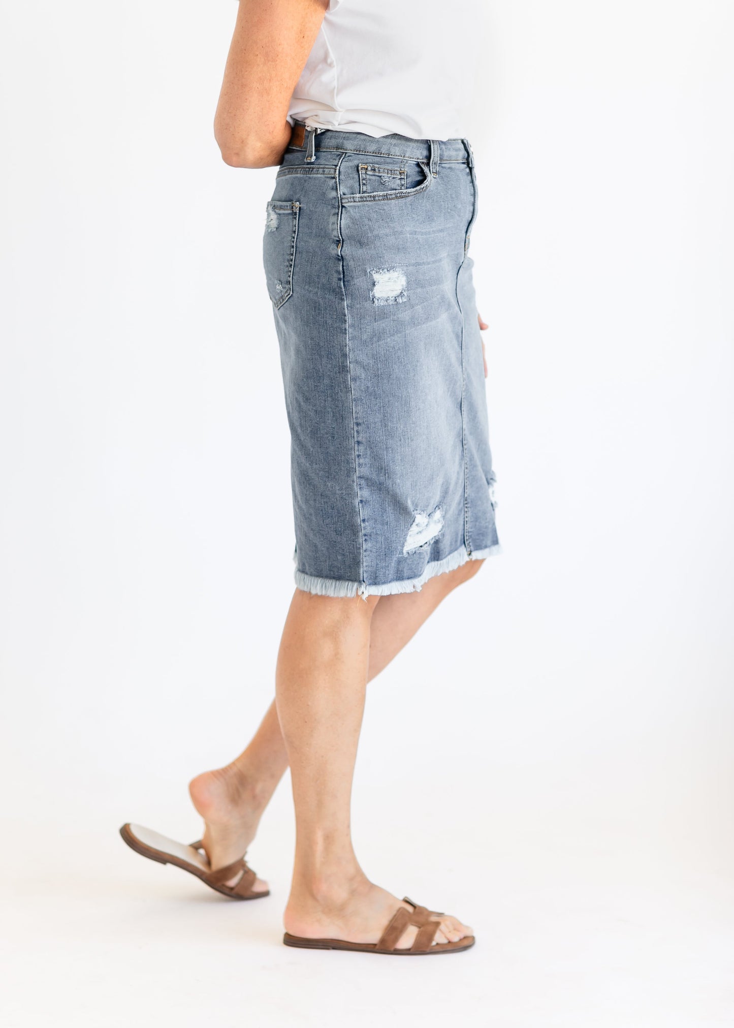 Presley Distressed Denim Midi Skirt IC Skirts