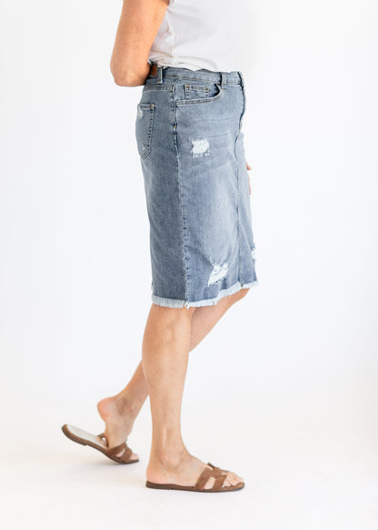 Presley Distressed Denim Midi Skirt IC Skirts