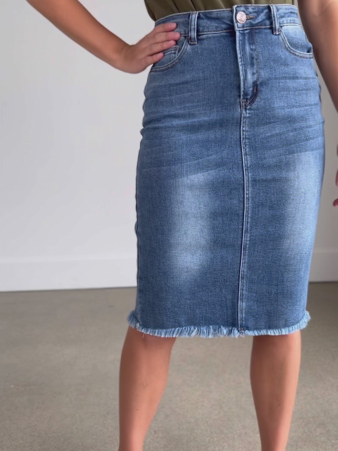 Drew Raw Hem Midi Denim Skirt Inherit Co