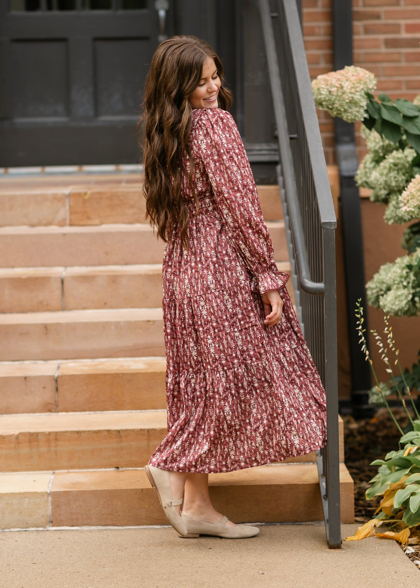 Printed Lace V-neck Long Sleeve Maxi Dress FF Dresses