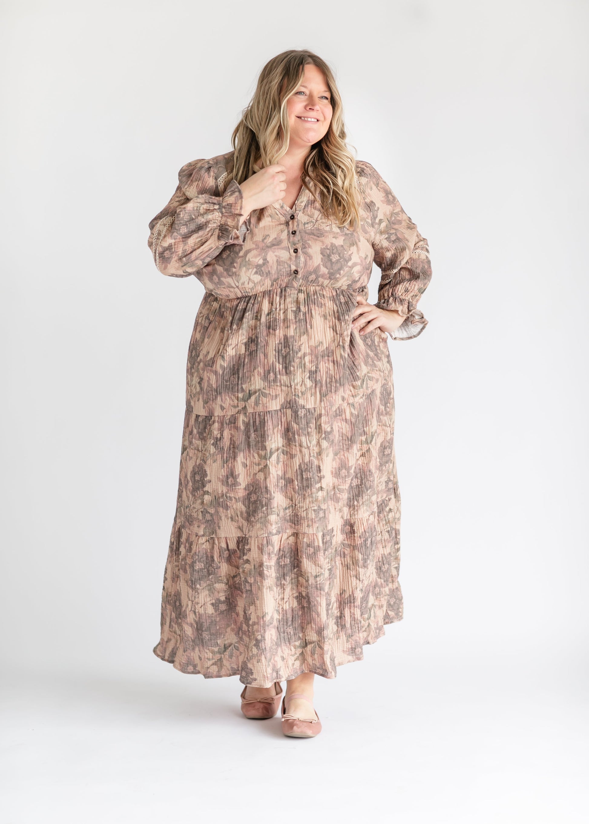 Printed Tiered Long Sleeve Maxi Dress FF Dresses