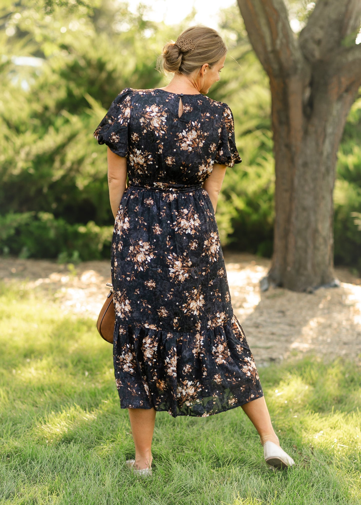 Puff Sleeve Floral Printed Jacquard Dress FF Dresses