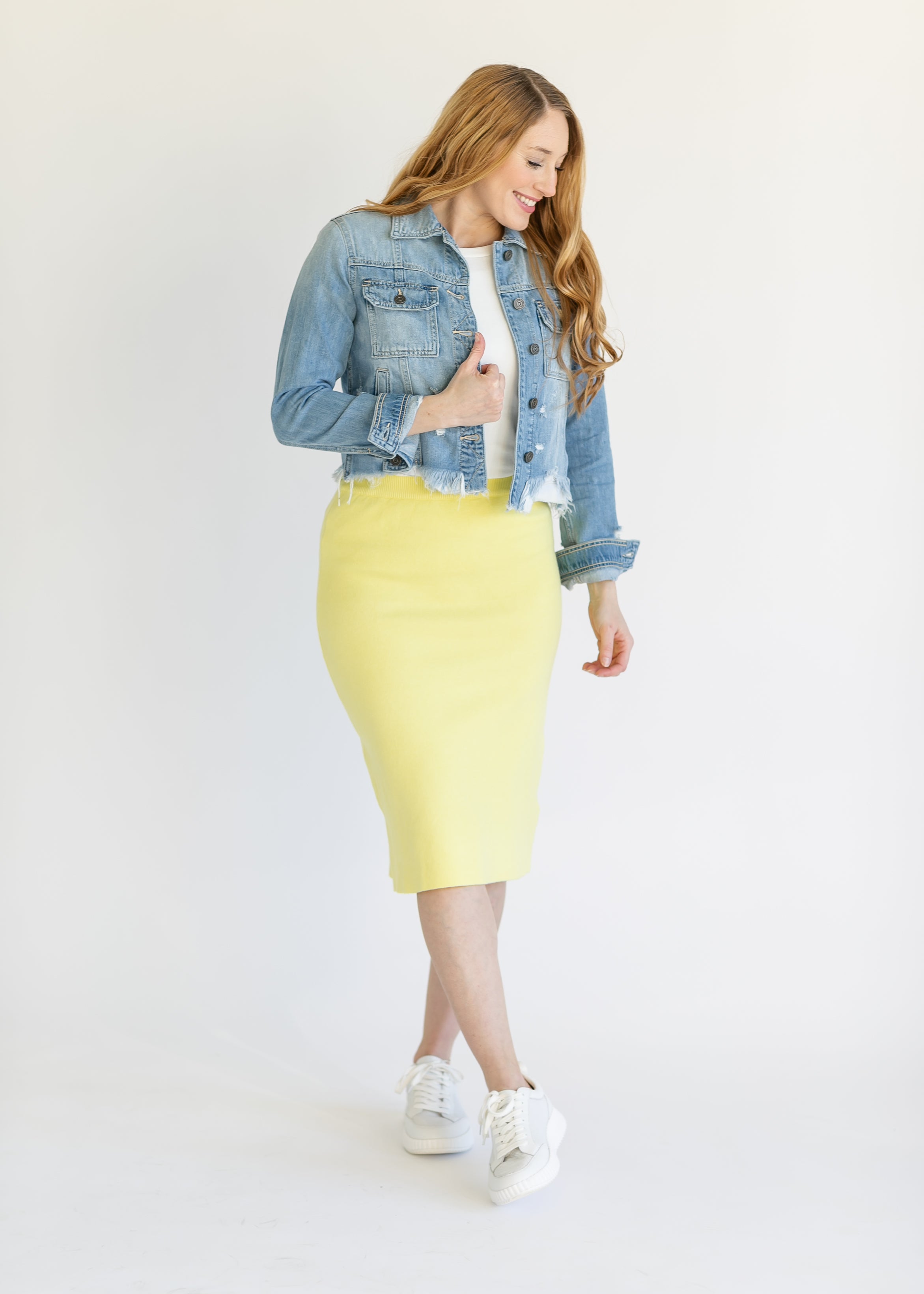 Denim yellow skirt and jacket best sale