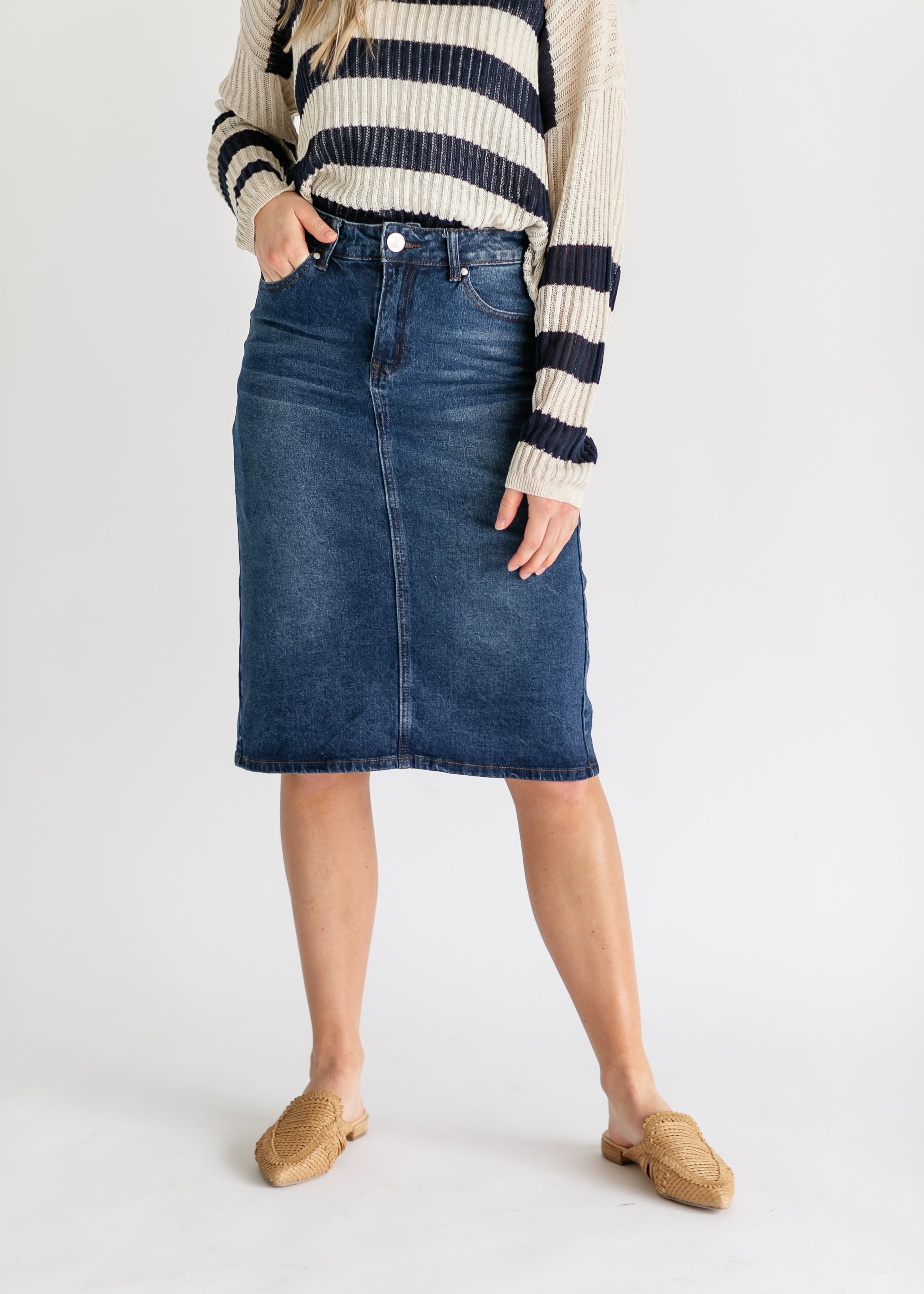 Dark wash midi jean skirt best sale