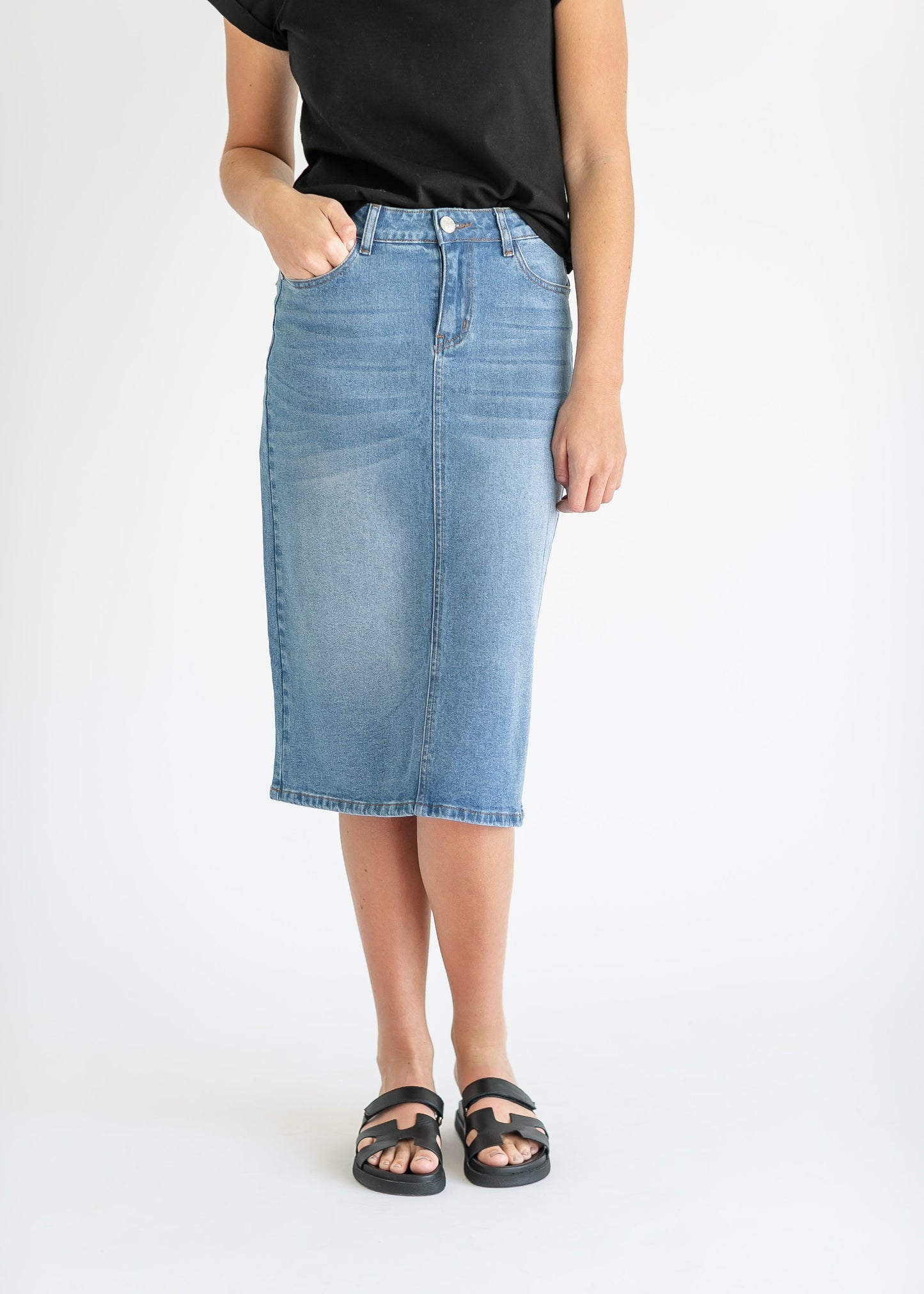 Remi Light Wash Denim Midi Skirt IC Skirts