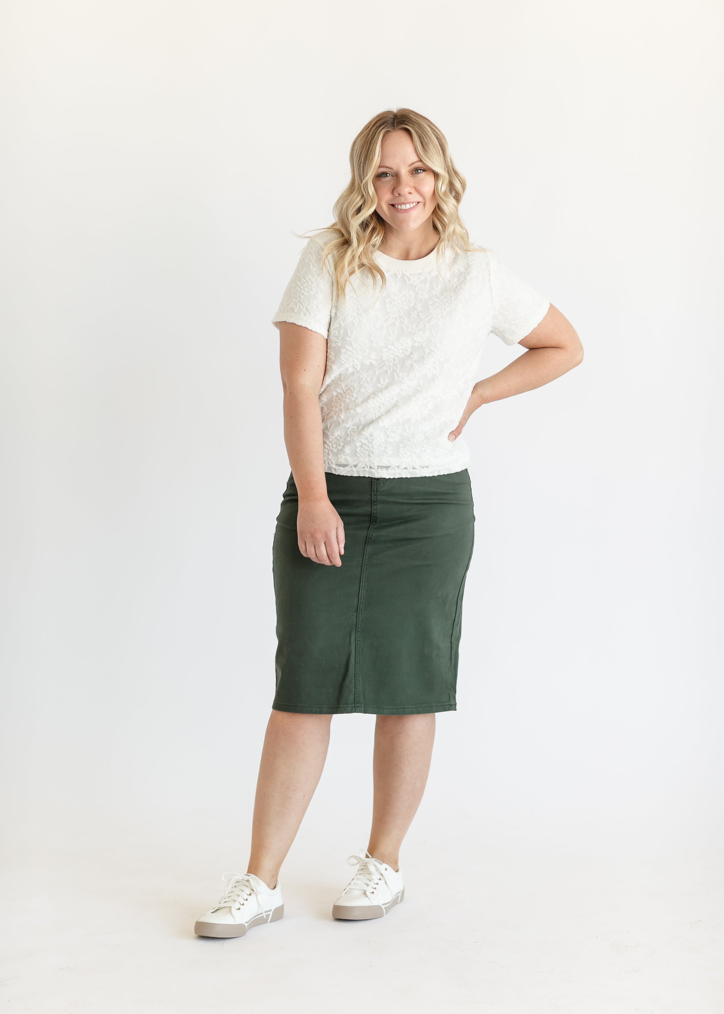 Remi Olive Branch Denim Midi Skirt – Inherit Co.