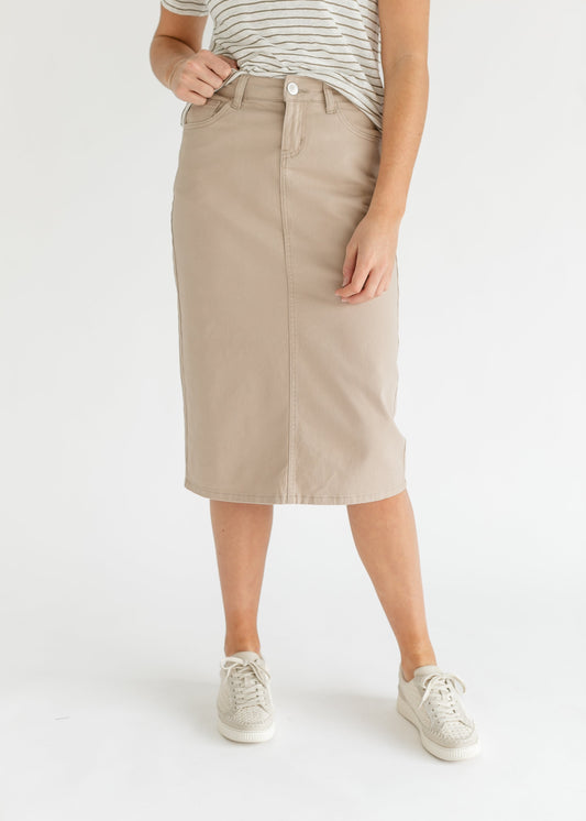 Remi Simply Taupe Denim Midi Skirt IC Skirts