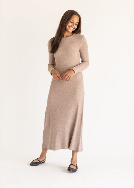 Ribbed Soft Knit Long Sleeve Dress FF Dresses Taupe / S