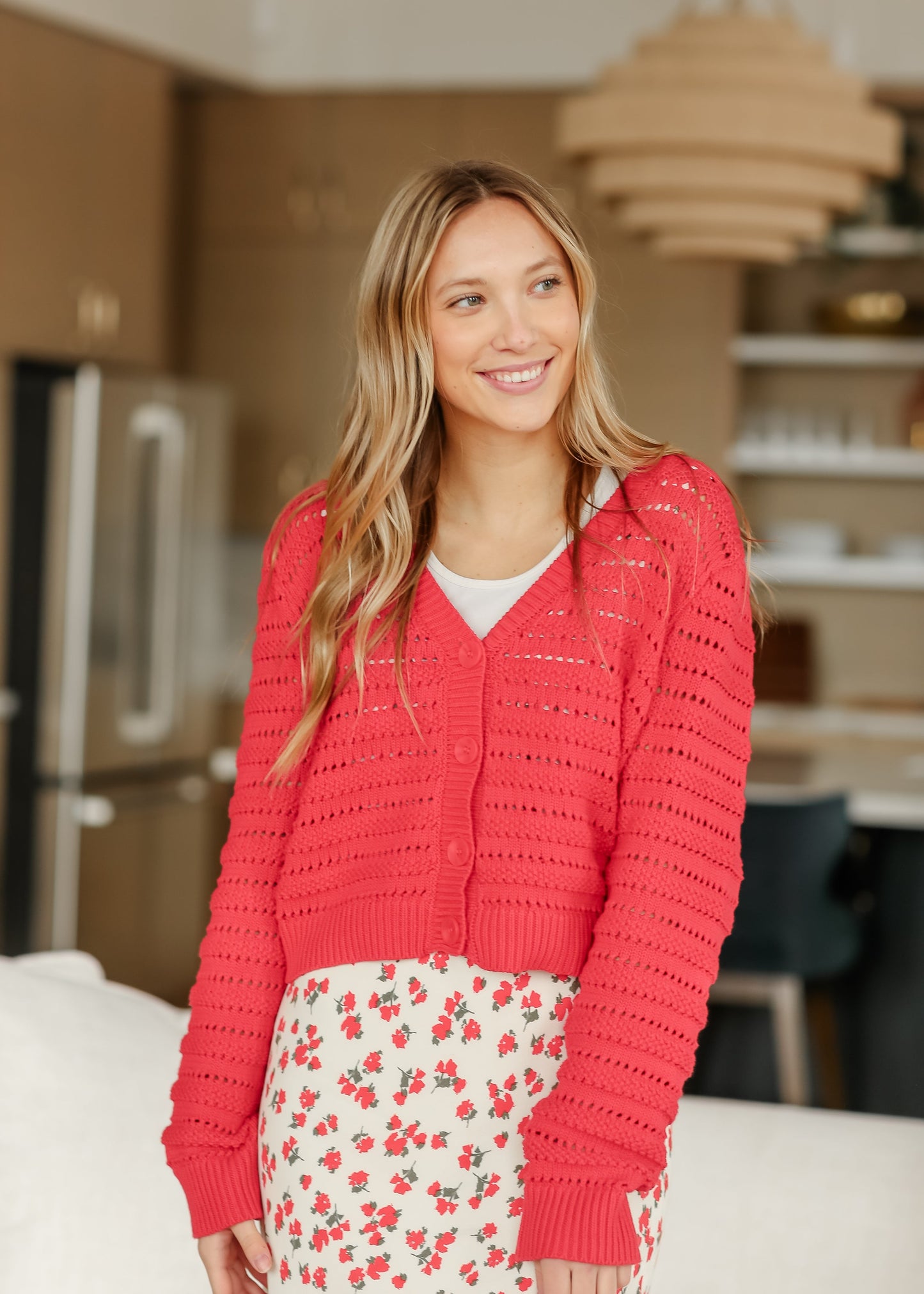 Romance Cherry Red Button Front Cardigan FF Tops