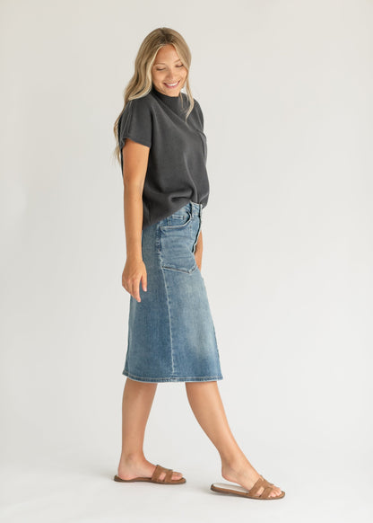 Rose Button Front Medium Wash Denim Midi Skirt FF Skirts