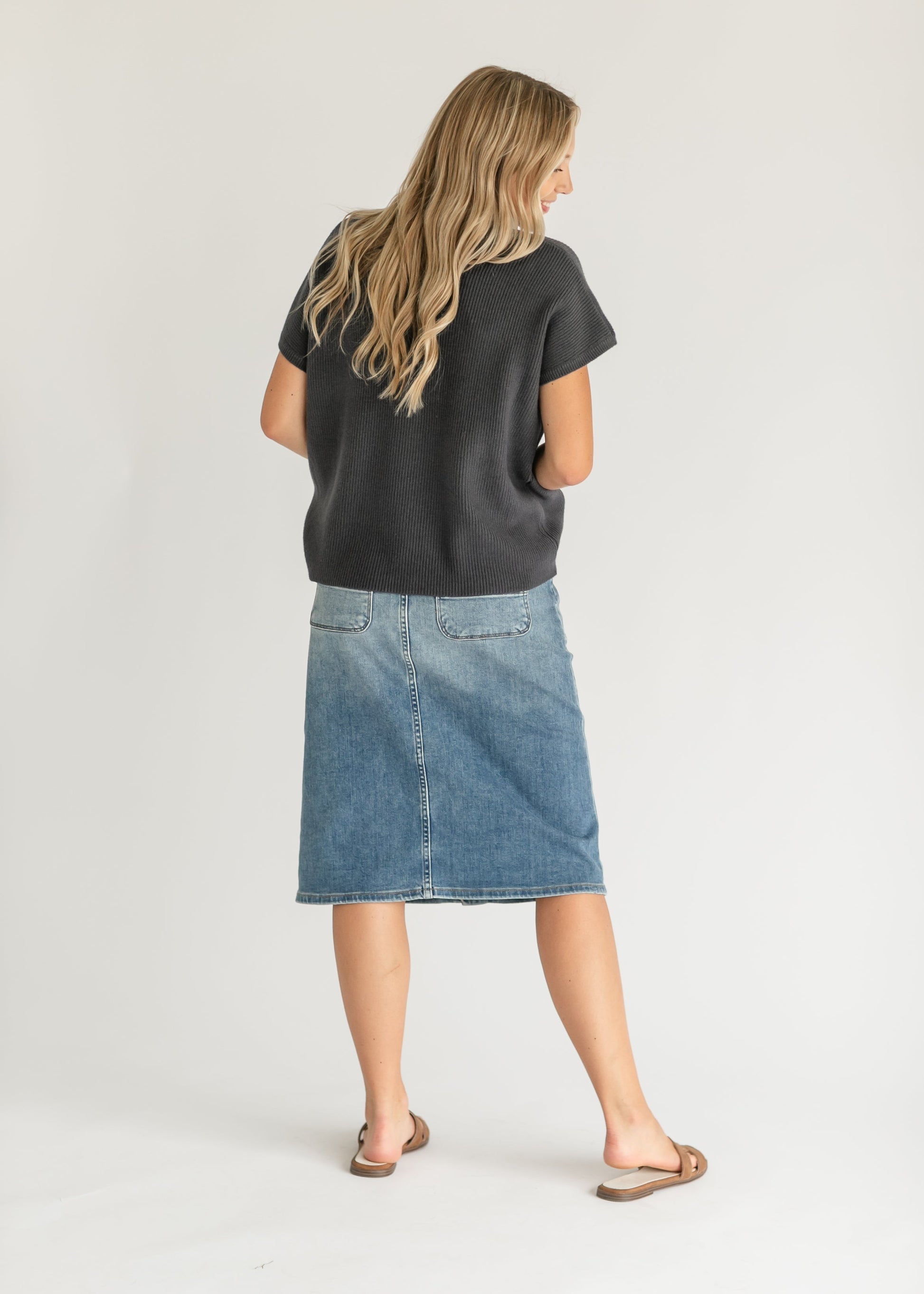 Rose Button Front Medium Wash Denim Midi Skirt FF Skirts