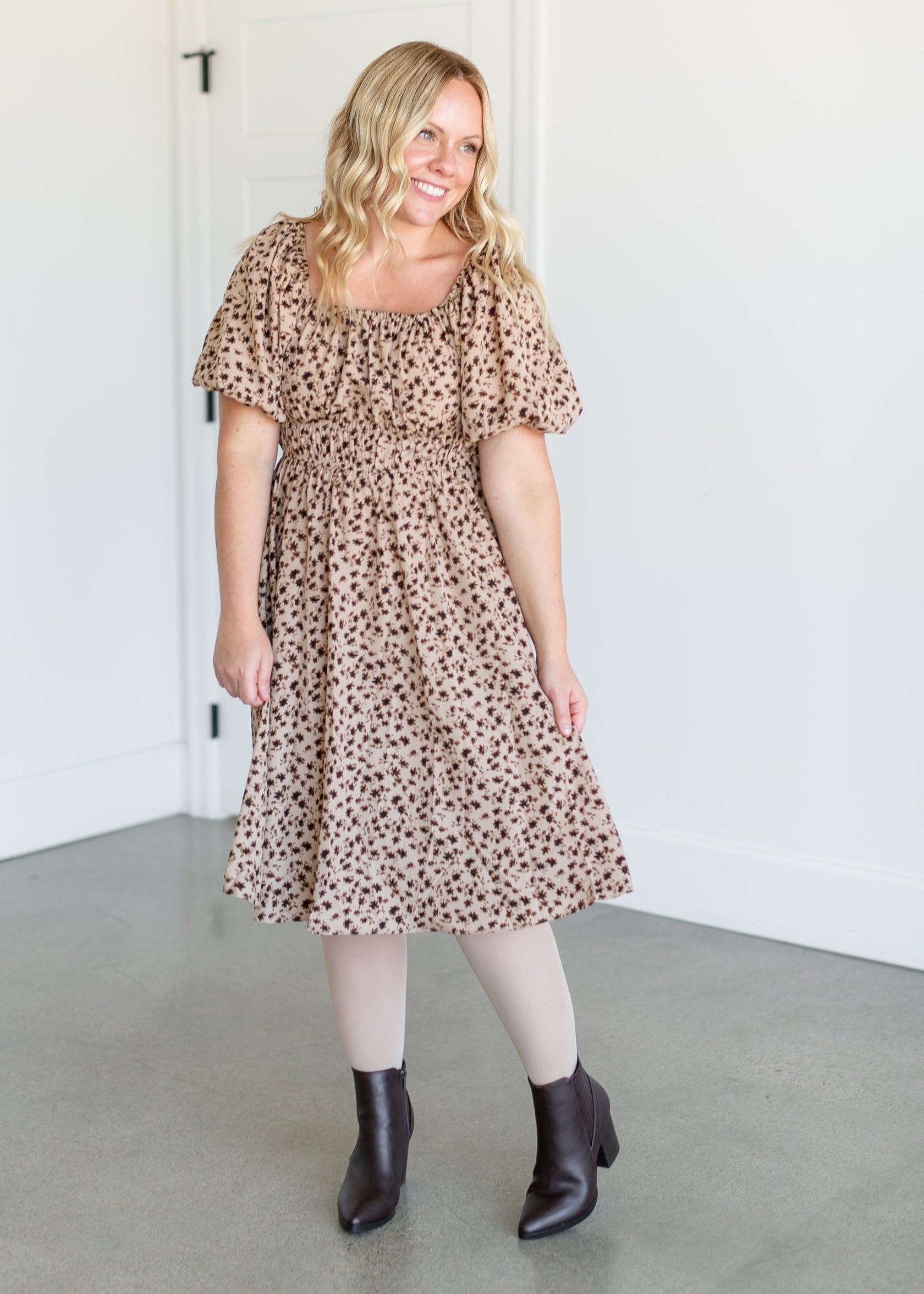Short Sleeve Brown Floral Midi Dress - FINAL SALE – Inherit Co.