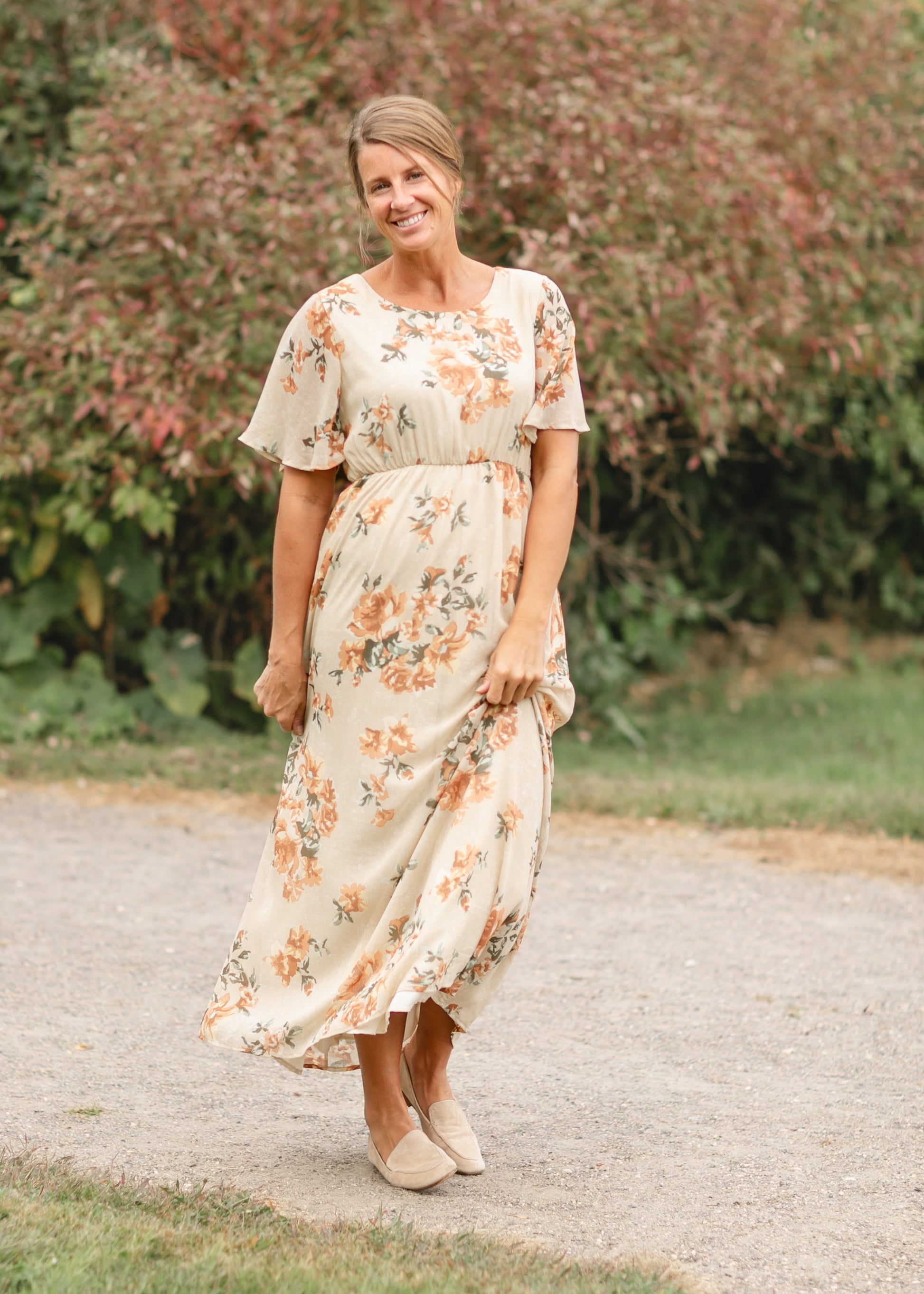 Short Sleeve Floral Maxi Dress FF Dresses Tan / S