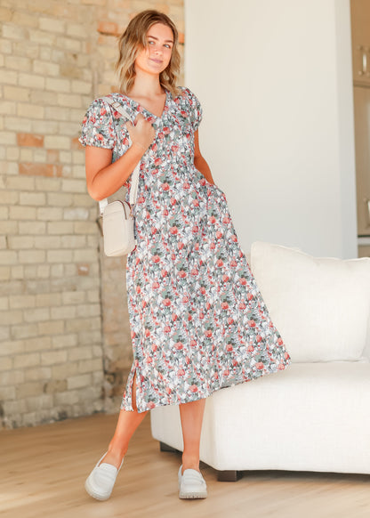 Short Sleeve Tulip Print V-neck Midi Dress FF Dresses