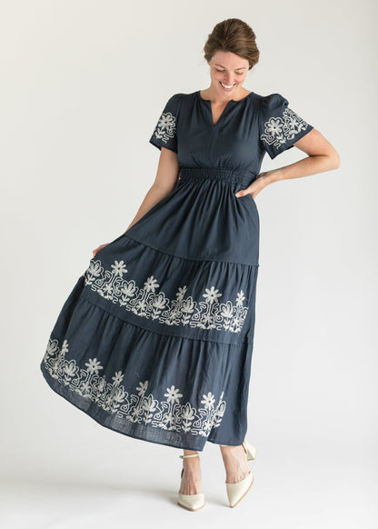 Smocked Waist Embroidered Maxi Dress FF Dresses Navy / S