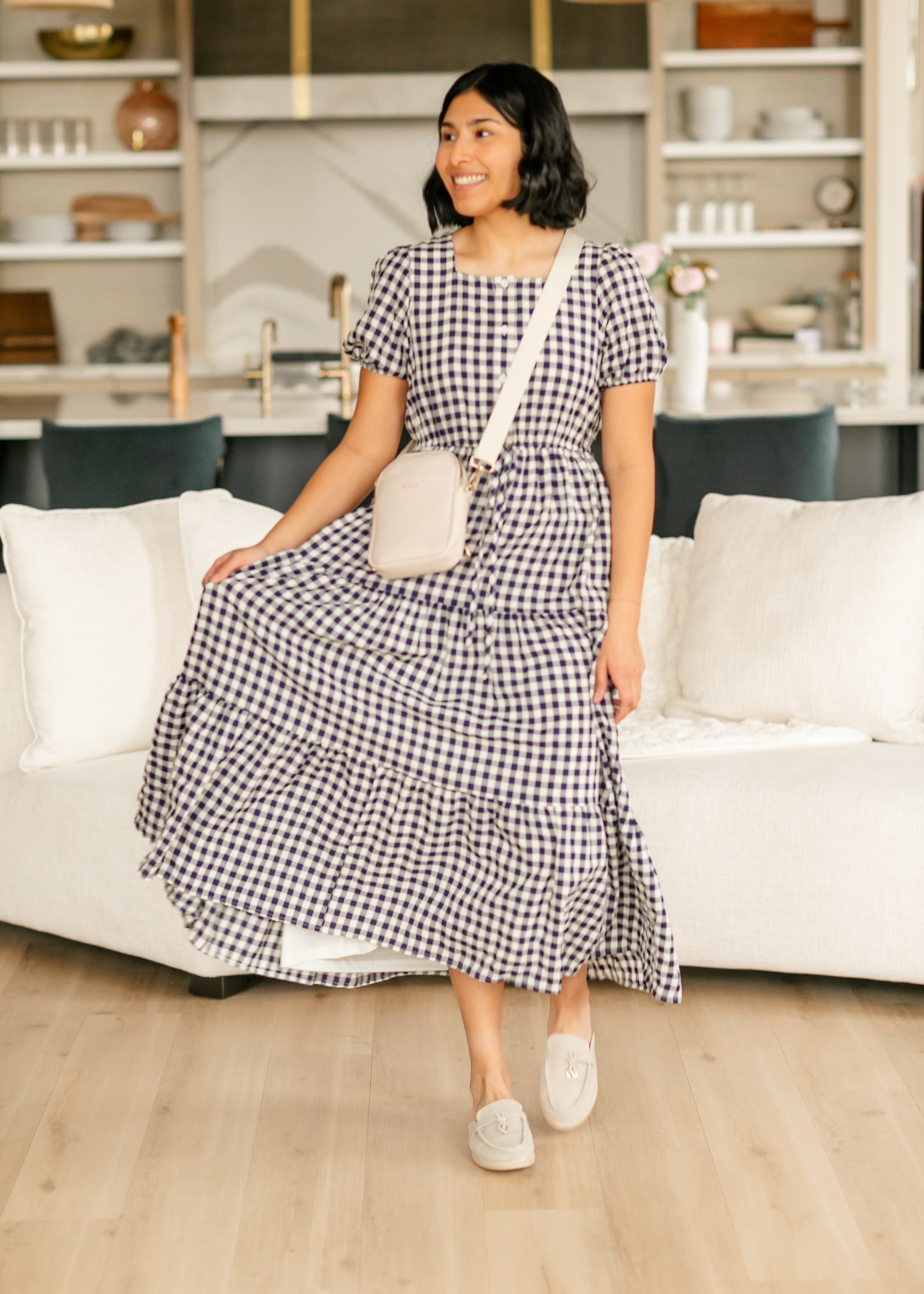 Square Neck Gingham Button Up Dress FF Dresses