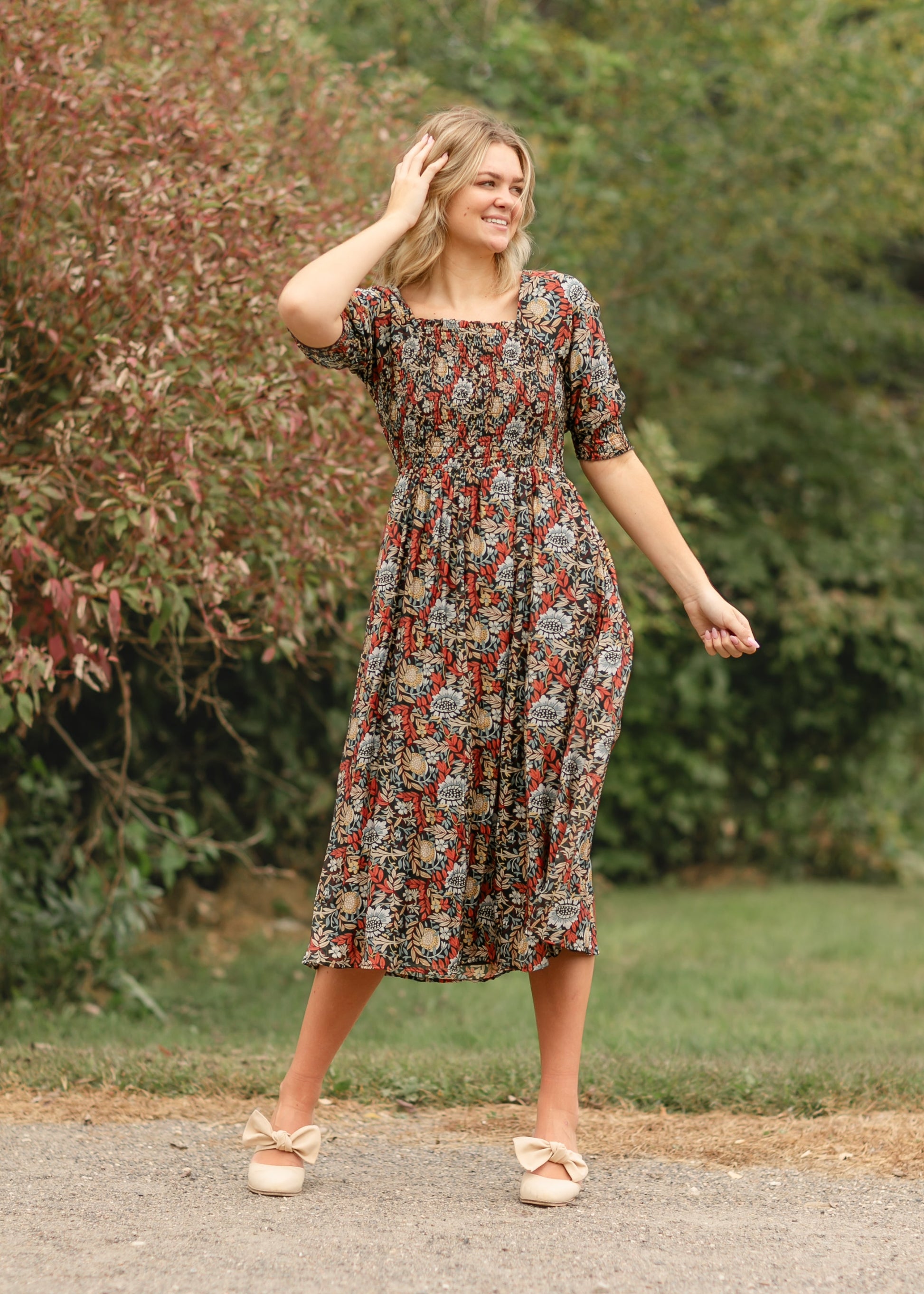 Square Neck Smocked Floral Midi Dress FF Dresses