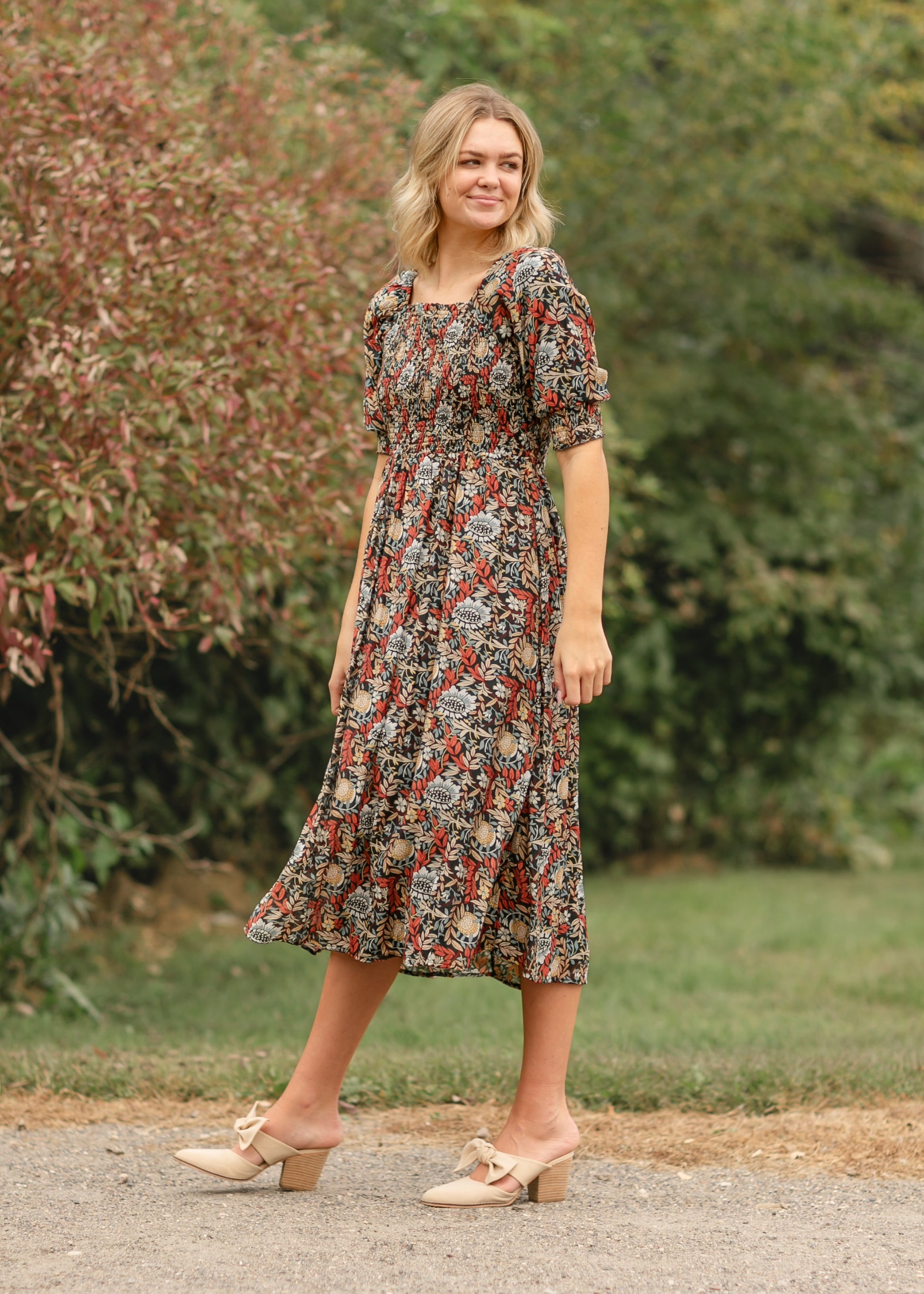 Square Neck Smocked Floral Midi Dress FF Dresses