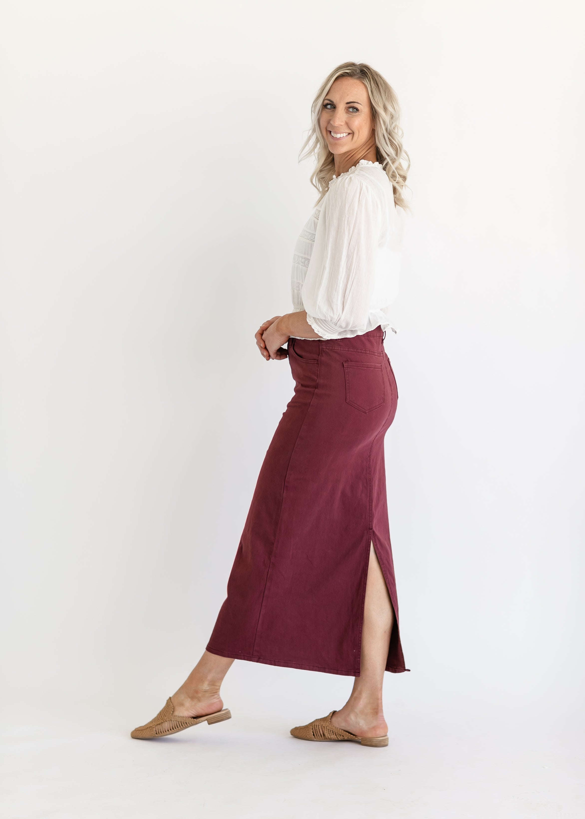 Burgundy jean skirt hotsell