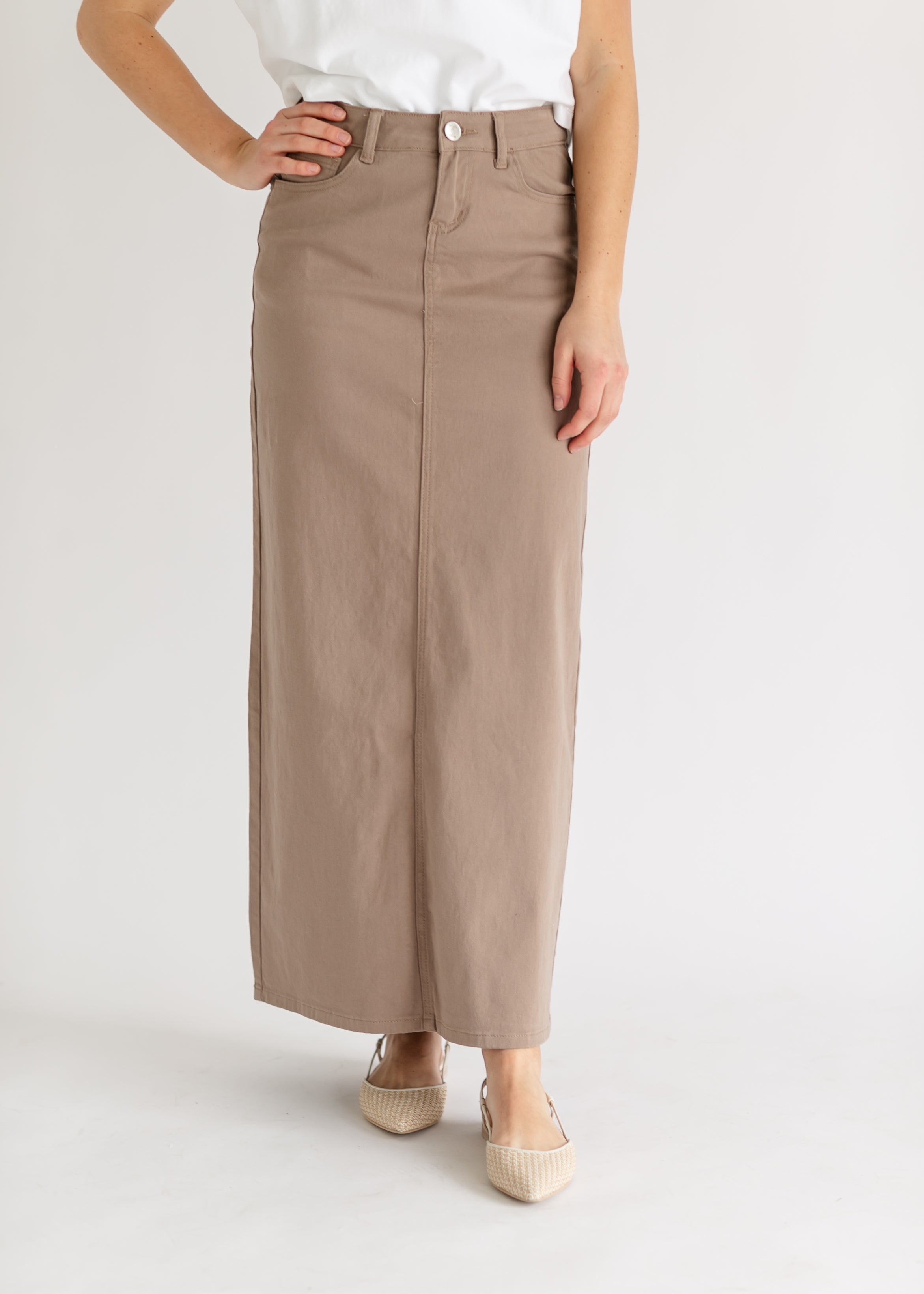 Stella Desert Taupe Long Denim Maxi Skirt - FINAL SALE – Inherit Co.