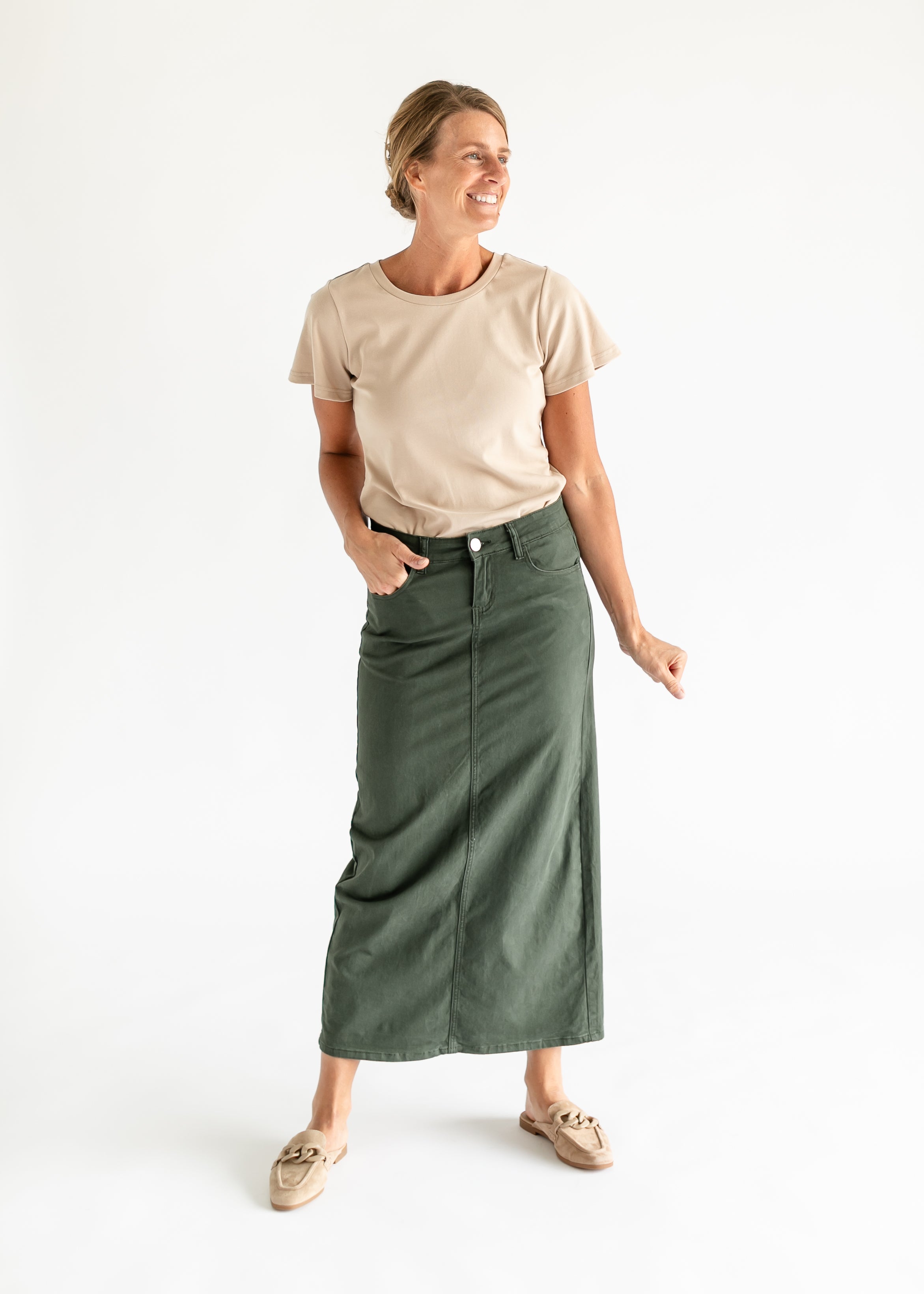 Olive green skirts jeans hotsell