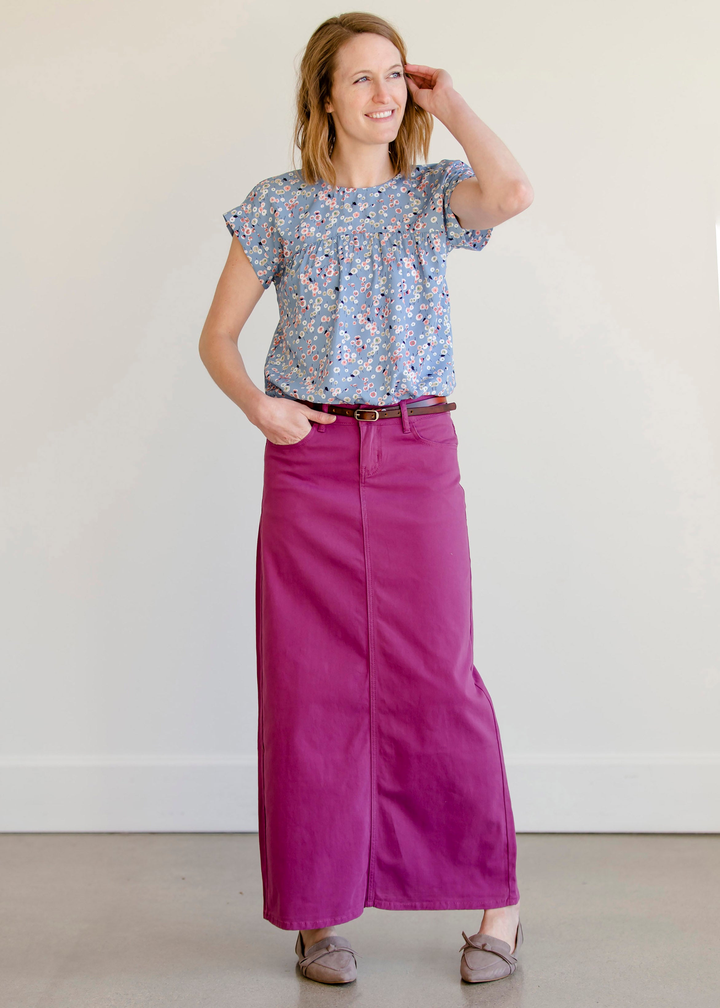 Modest colored cheap denim skirts