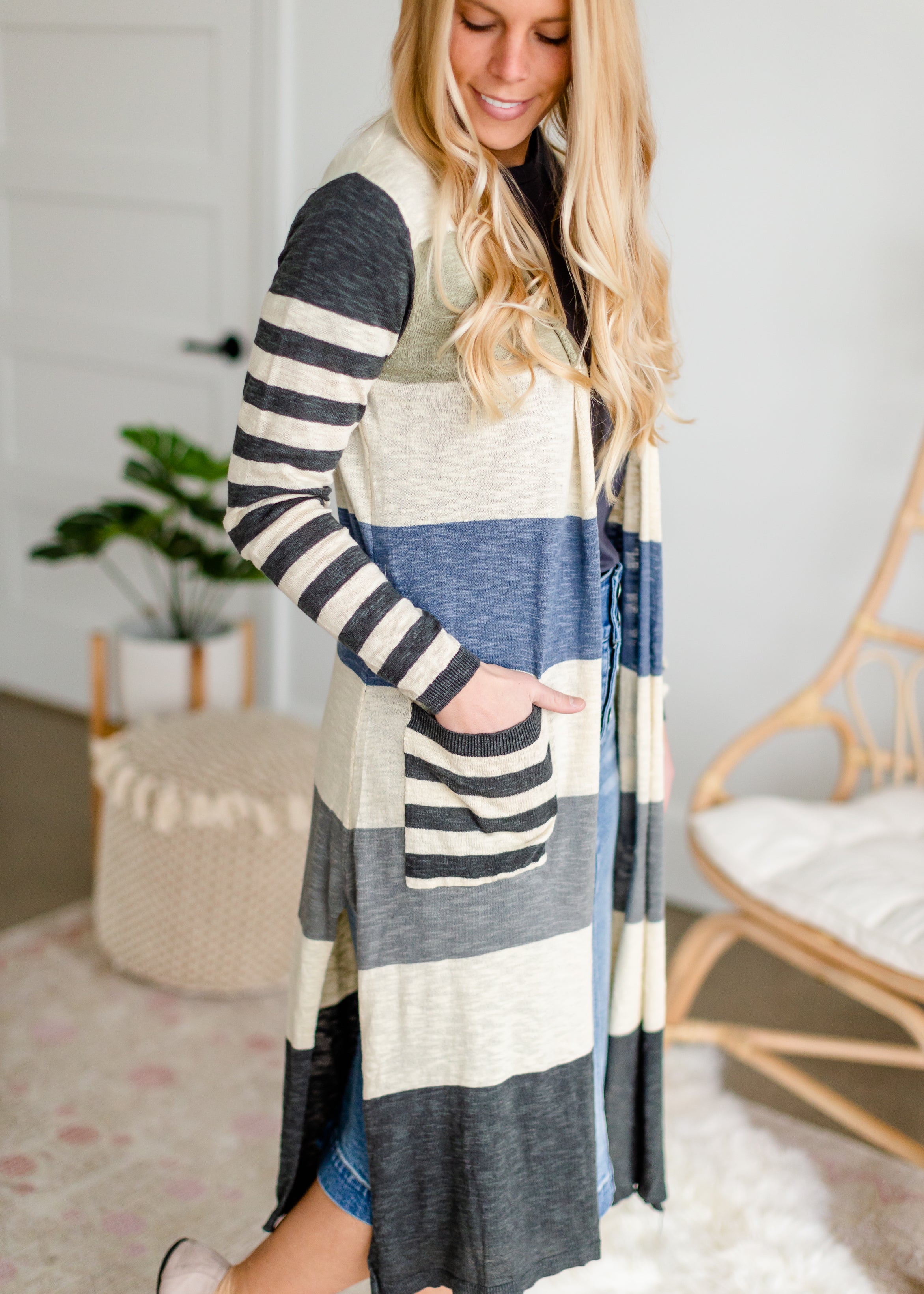 Striped Denim Gray Duster Cardigan Inherit Co