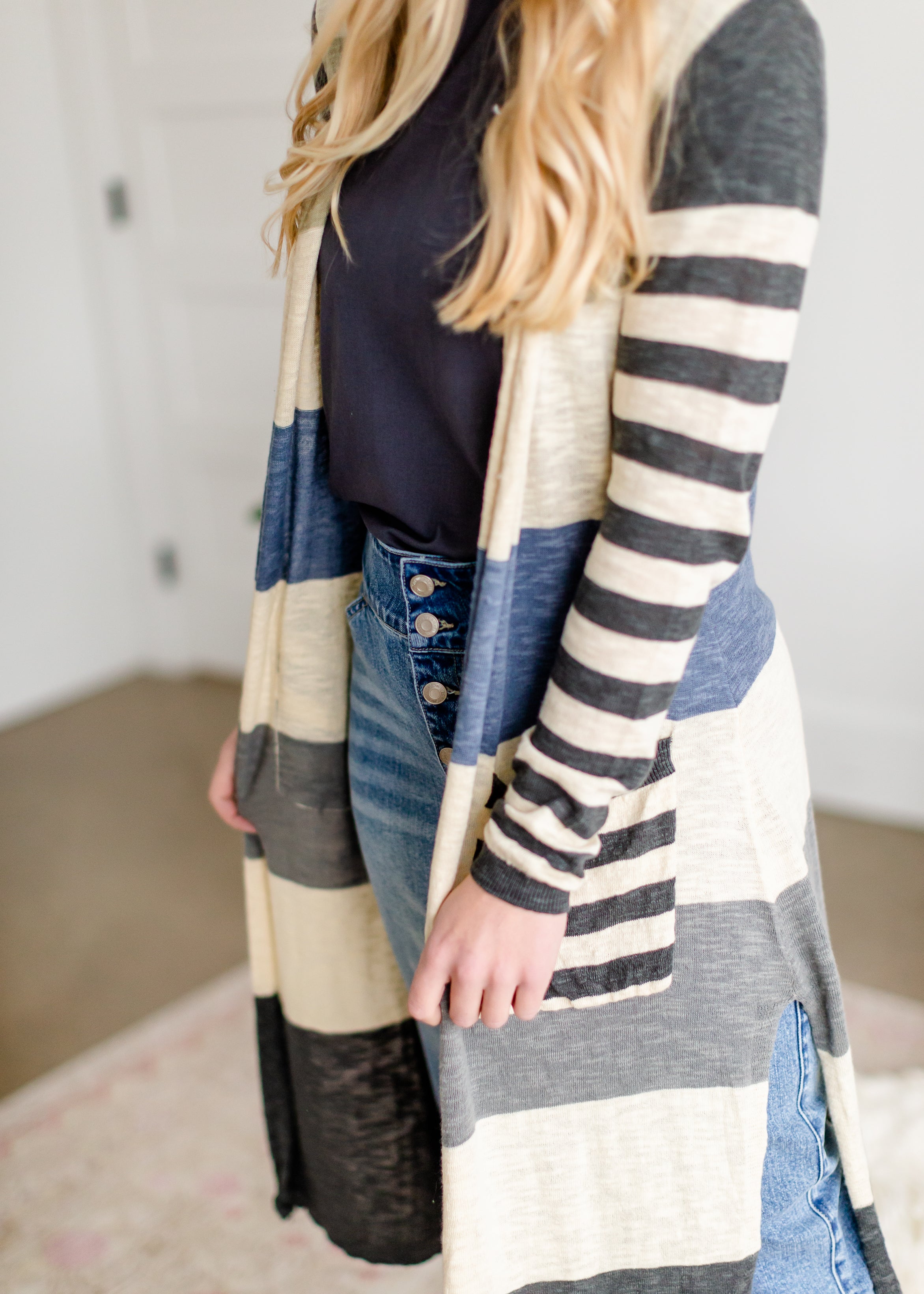 Striped Denim Gray Duster Cardigan Inherit Co