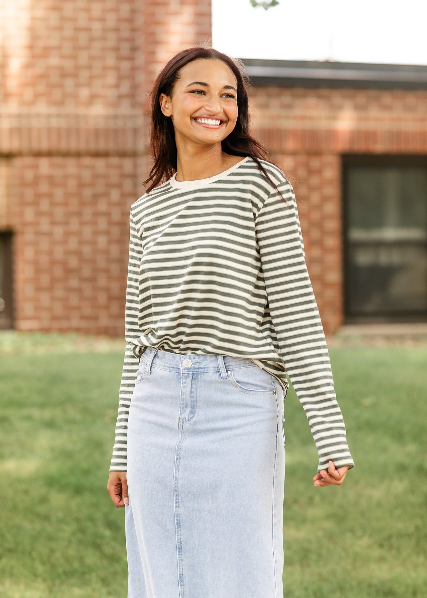 Striped Long Sleeve Knit Top FF Tops Green / S