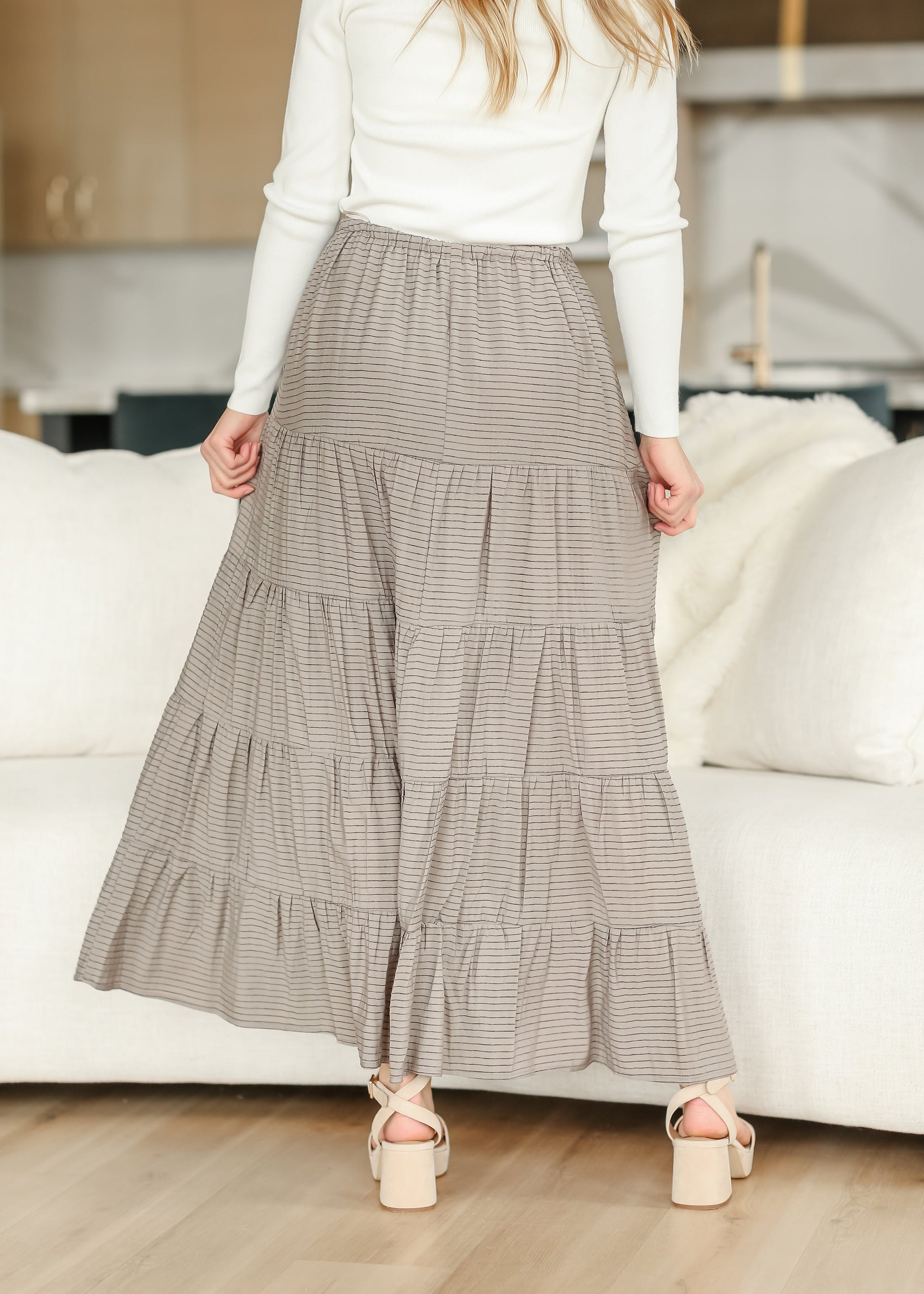 Striped Pull-on Tiered Maxi Skirt FF Skirts