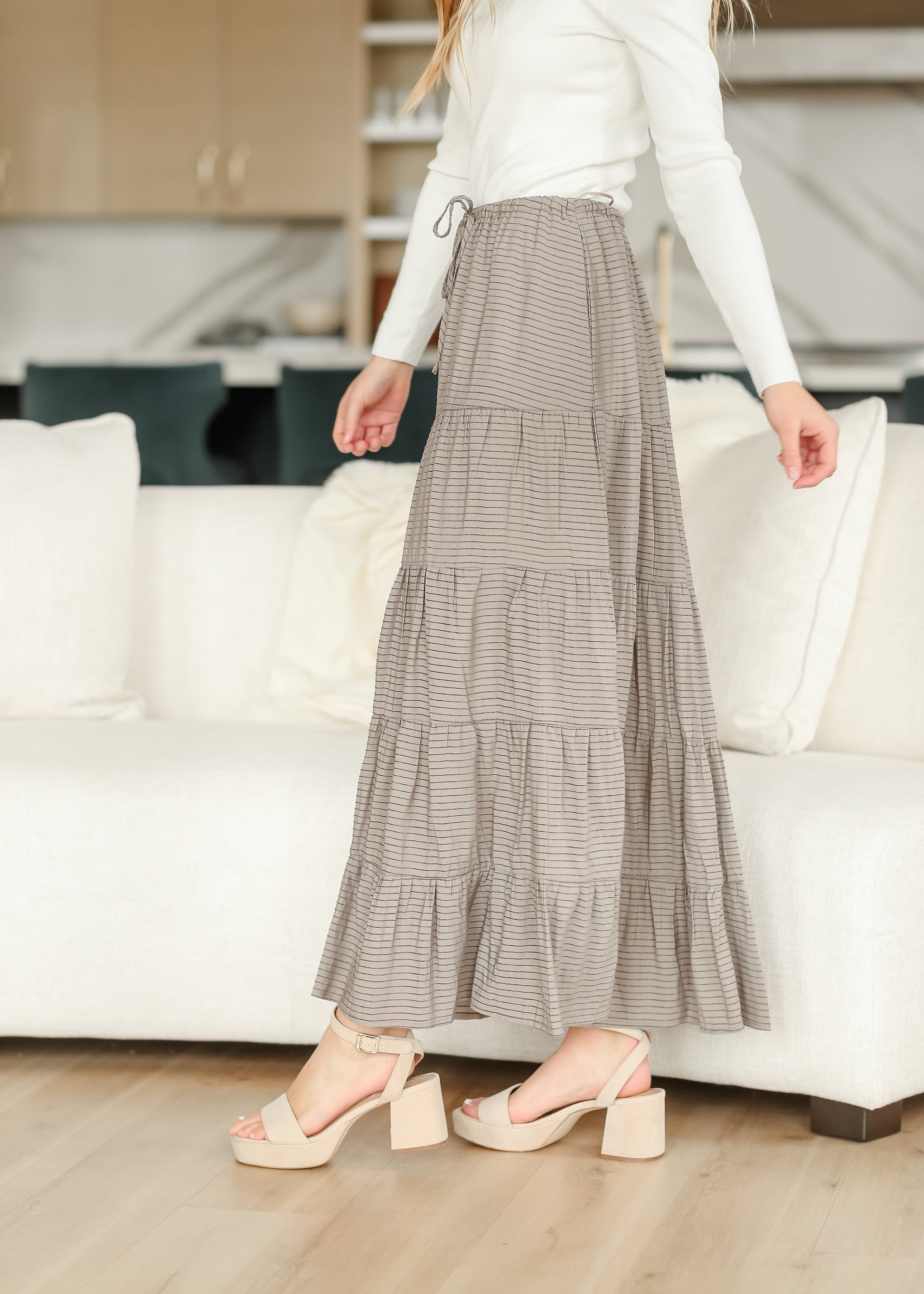 Striped Pull-on Tiered Maxi Skirt FF Skirts