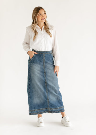 Remi Olive Branch Denim Midi Skirt Inherit Co 4115