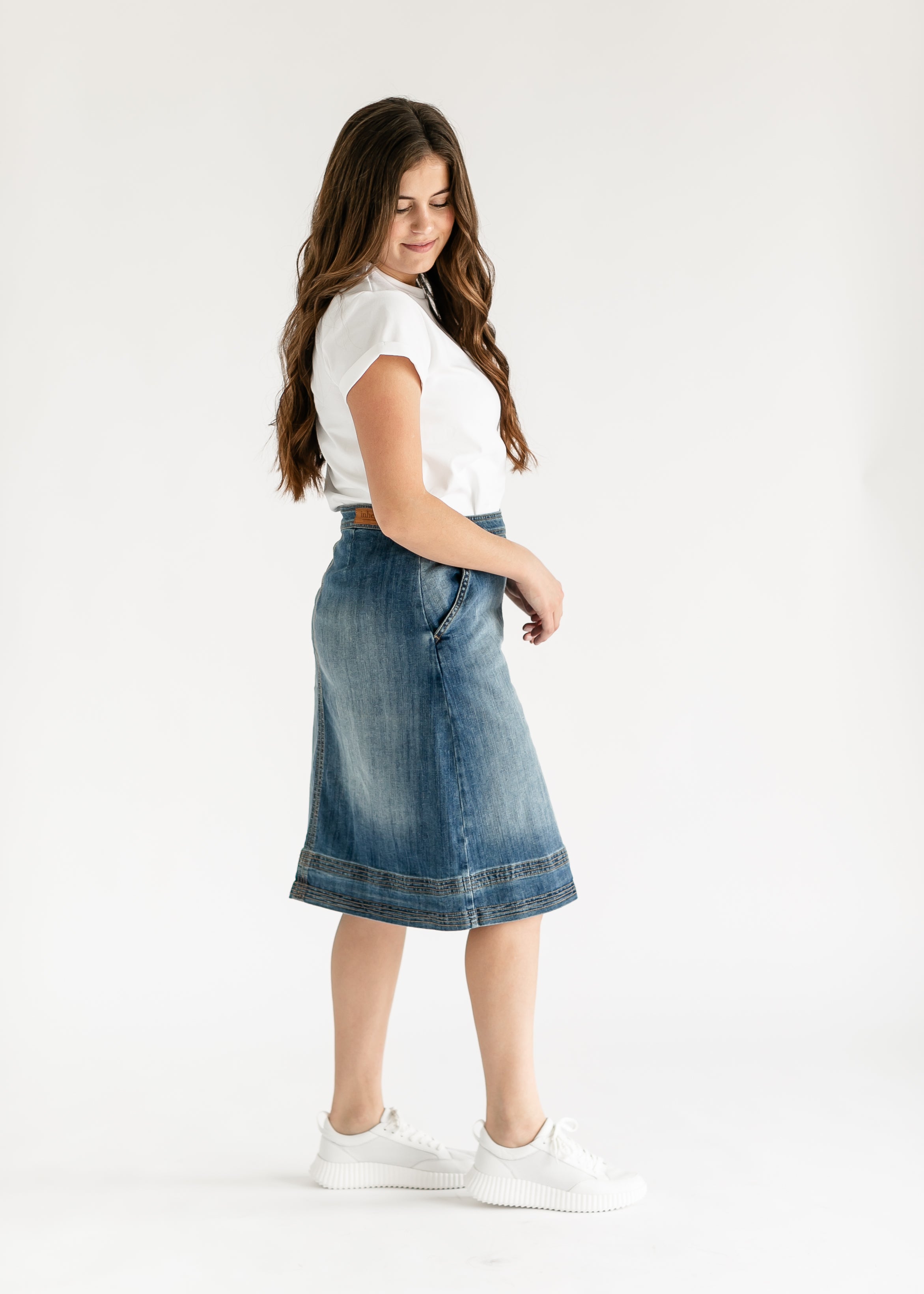 Sutton Side Zip A line Denim Midi Skirt Inherit Co