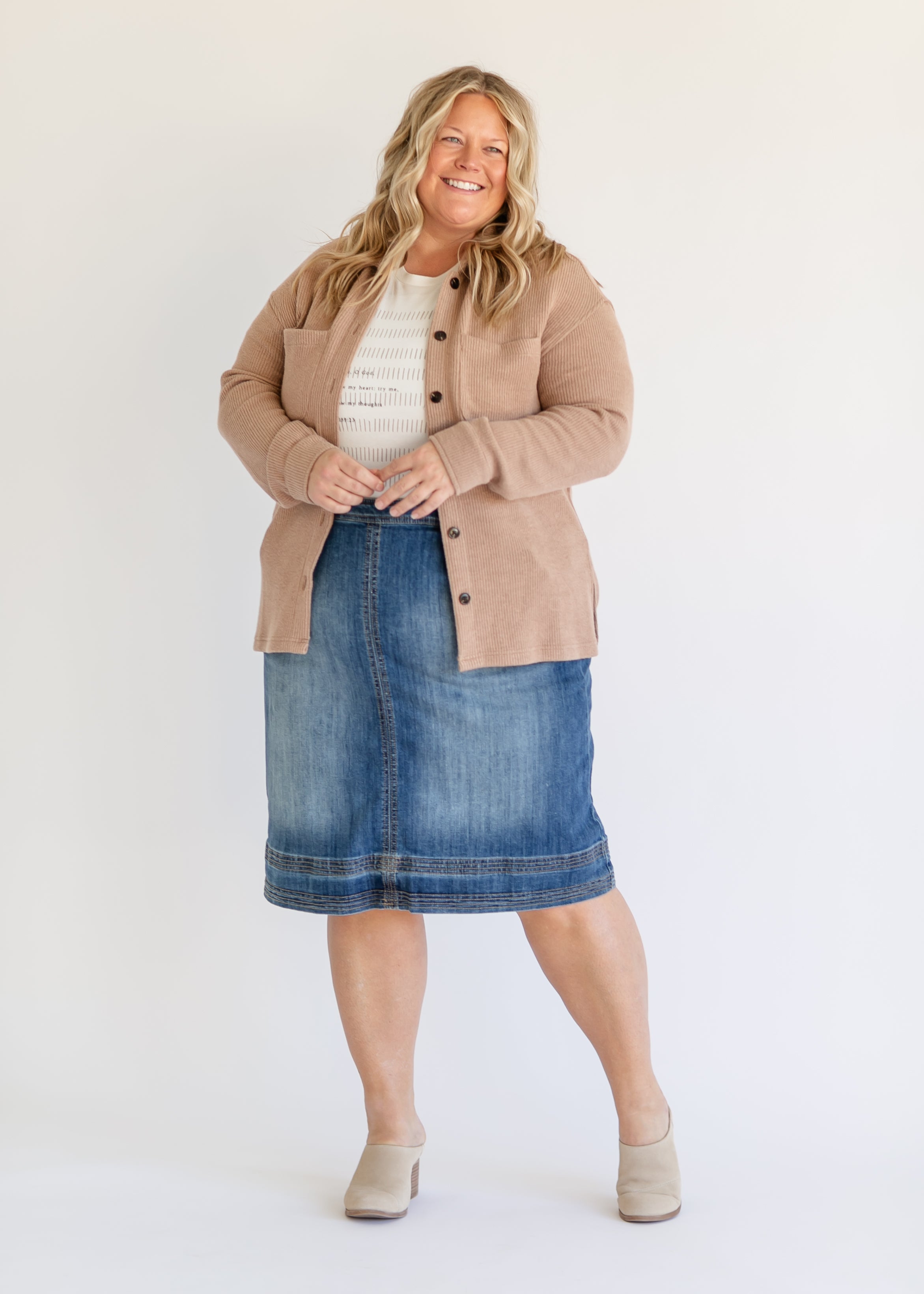 Zip through 2024 denim midi skirt