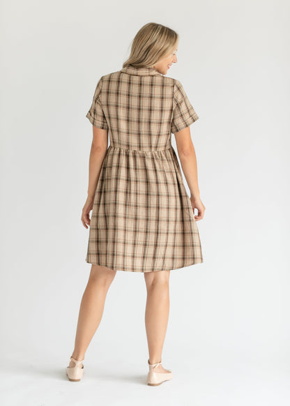 Taupe Plaid Short Sleeve Midi Dress FF Dresses