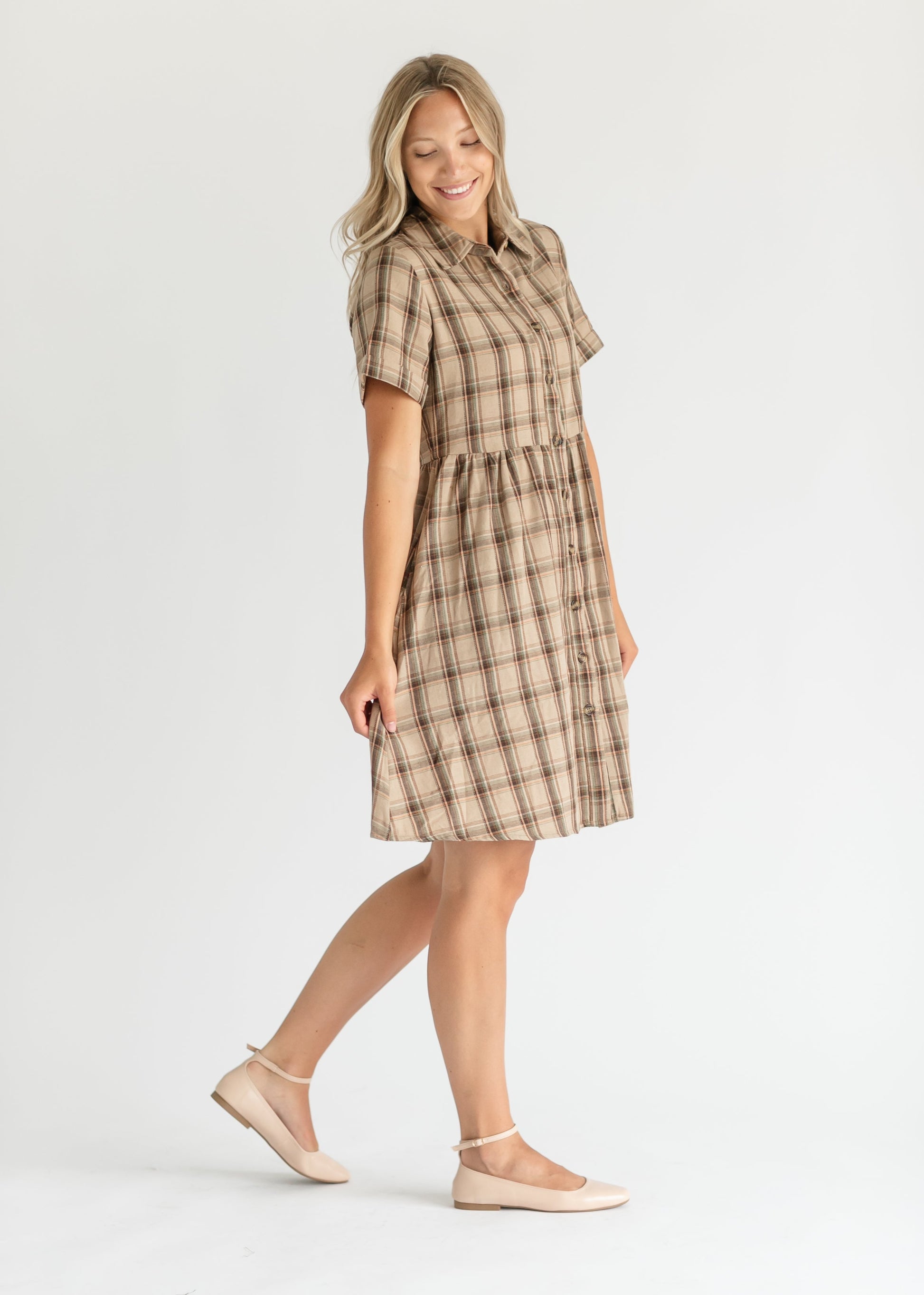 Taupe Plaid Short Sleeve Midi Dress FF Dresses