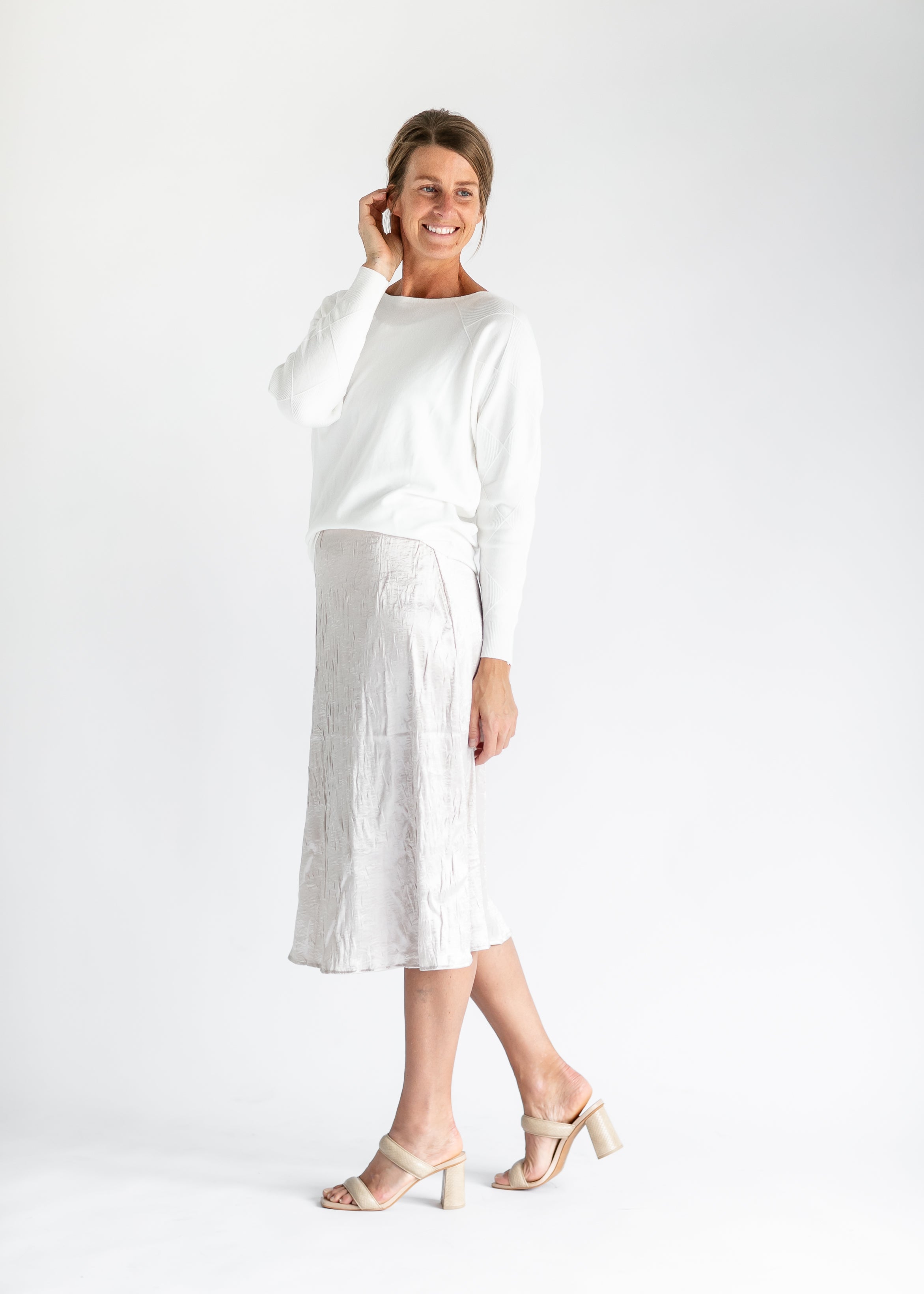 Satin midi hotsell skirt white