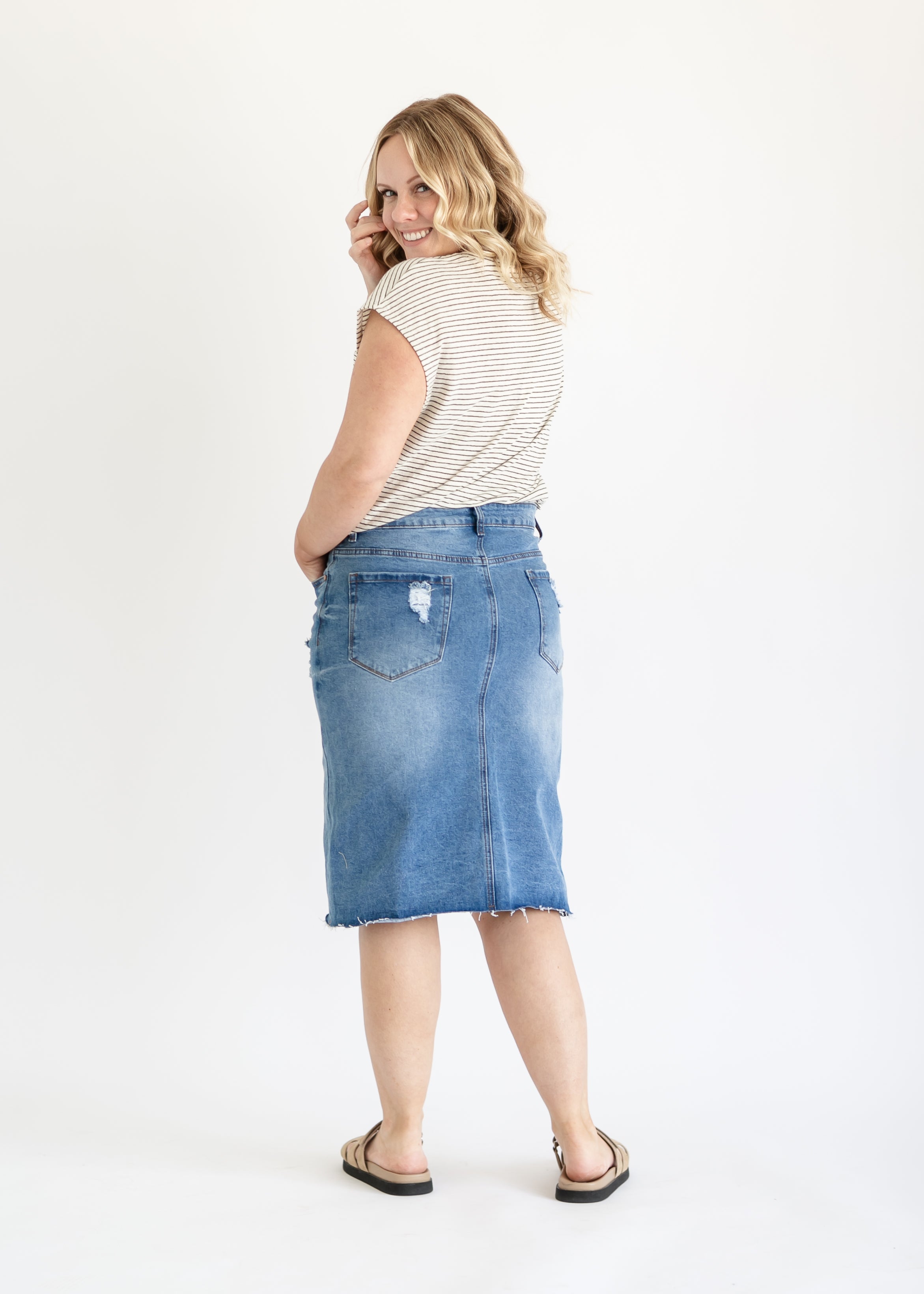 Tiana Distressed Denim Midi Skirt Inherit Co