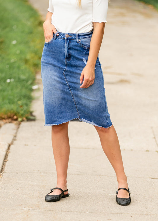 Tiana Distressed Denim Midi Skirt IC Skirts