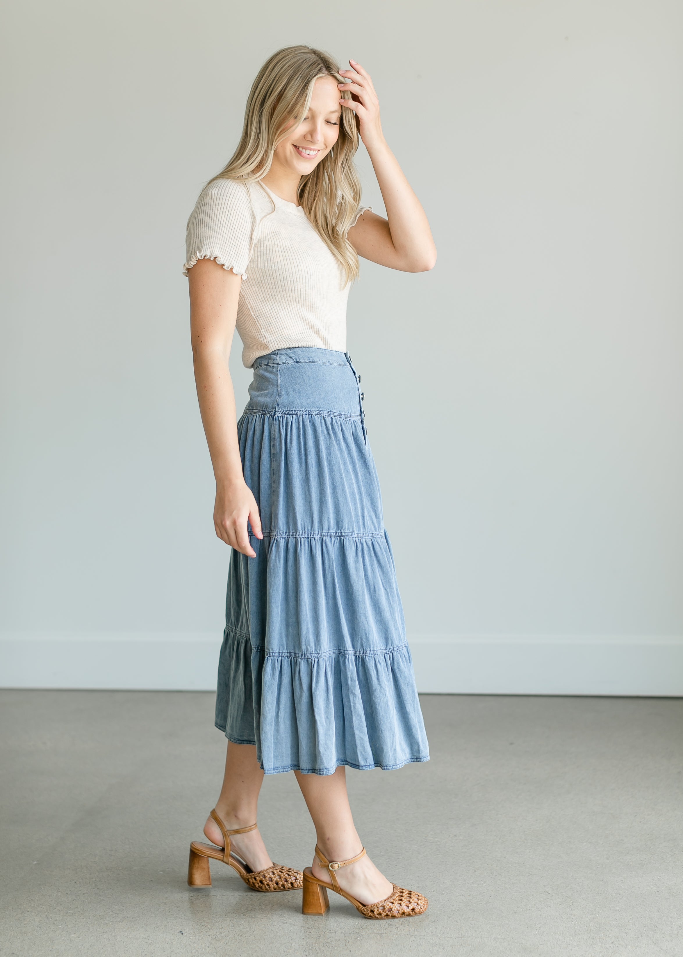 オンラインストア通販売 【TOUJOURS 】 INDIGO CHAMBRAY TIERED SKIRT