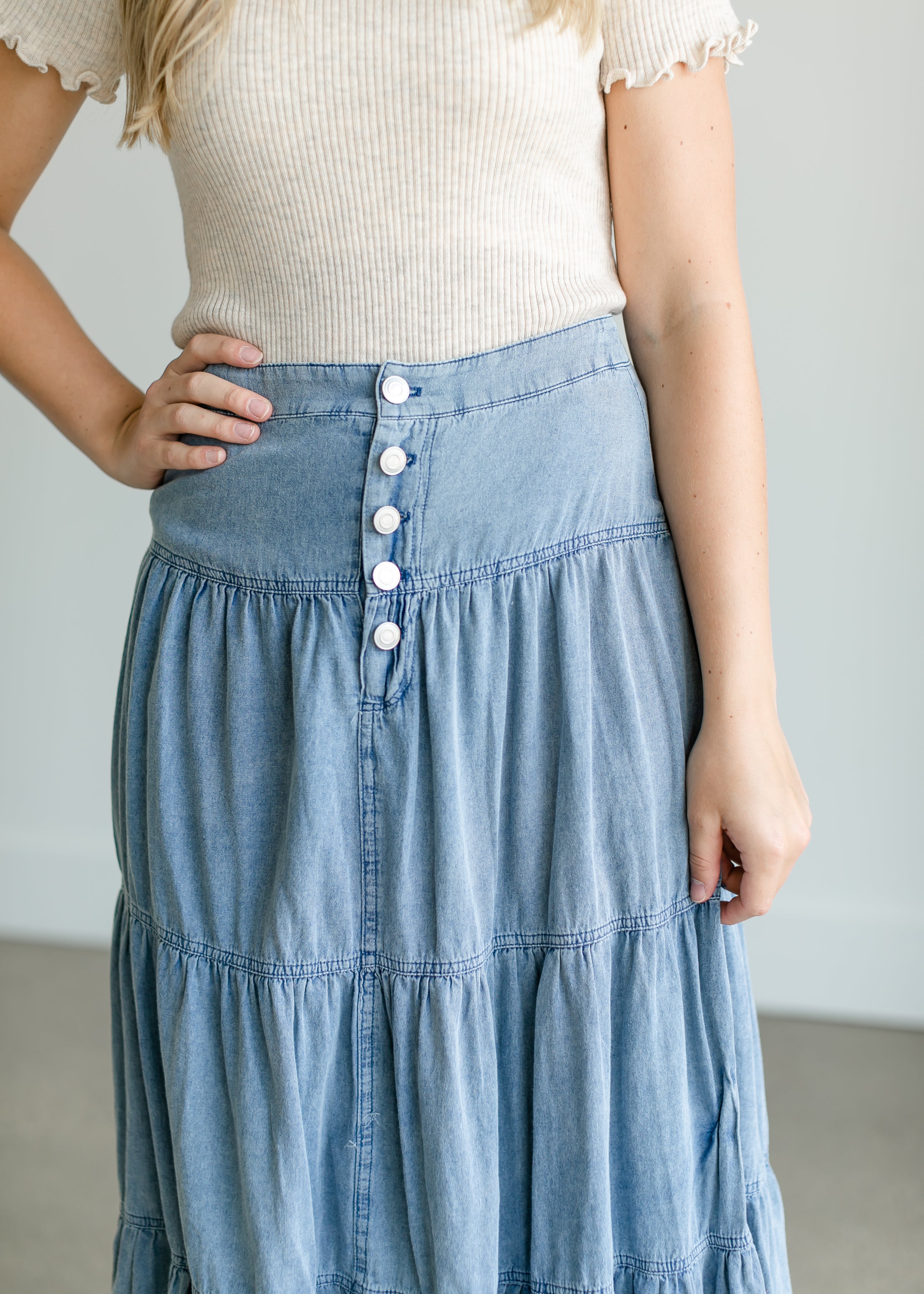 オンラインストア通販売 【TOUJOURS 】 INDIGO CHAMBRAY TIERED SKIRT